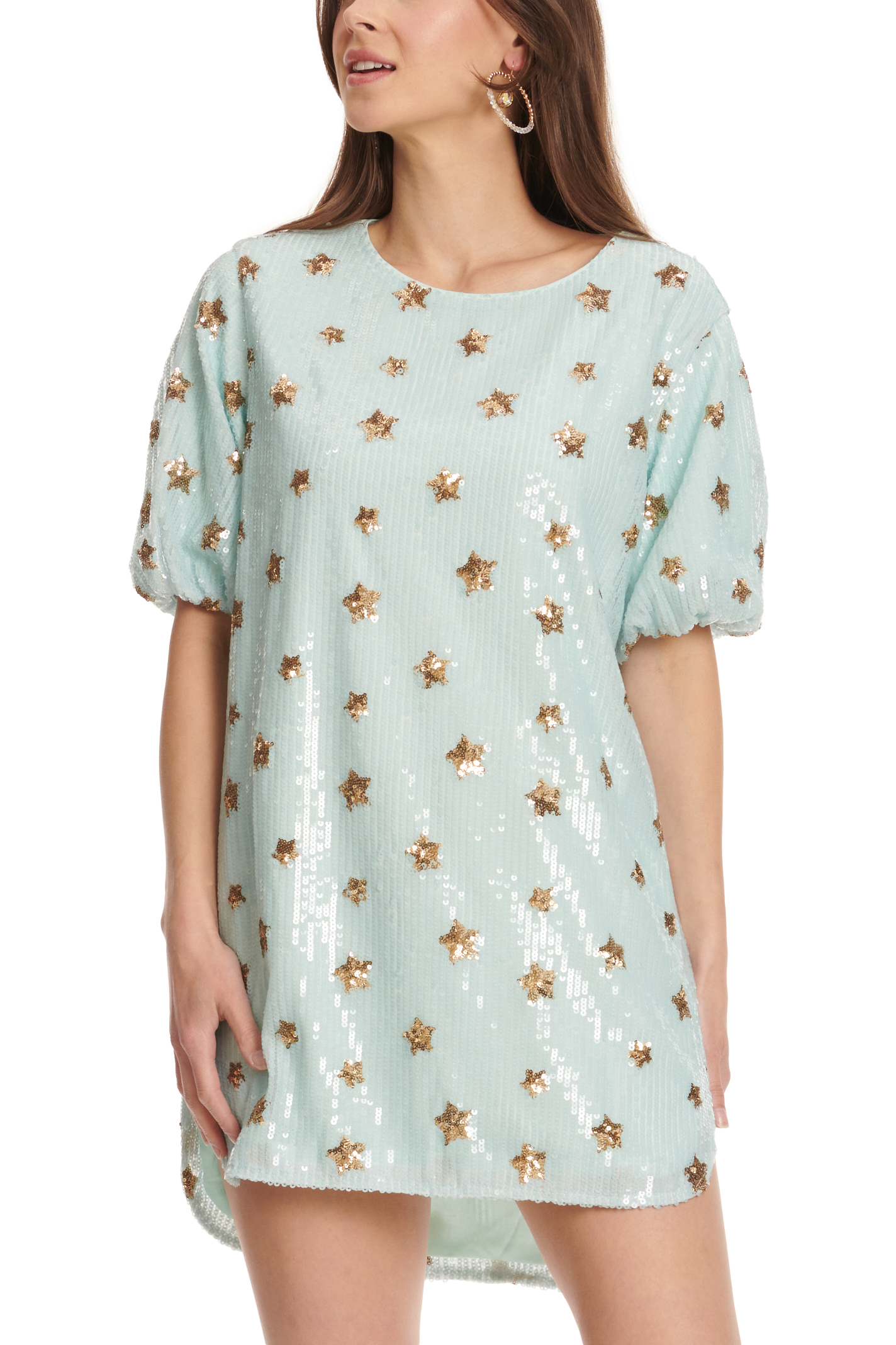 Mainstrip Sky Blue with Gold Stars Sequin Short Sleeve Dress - Image 1