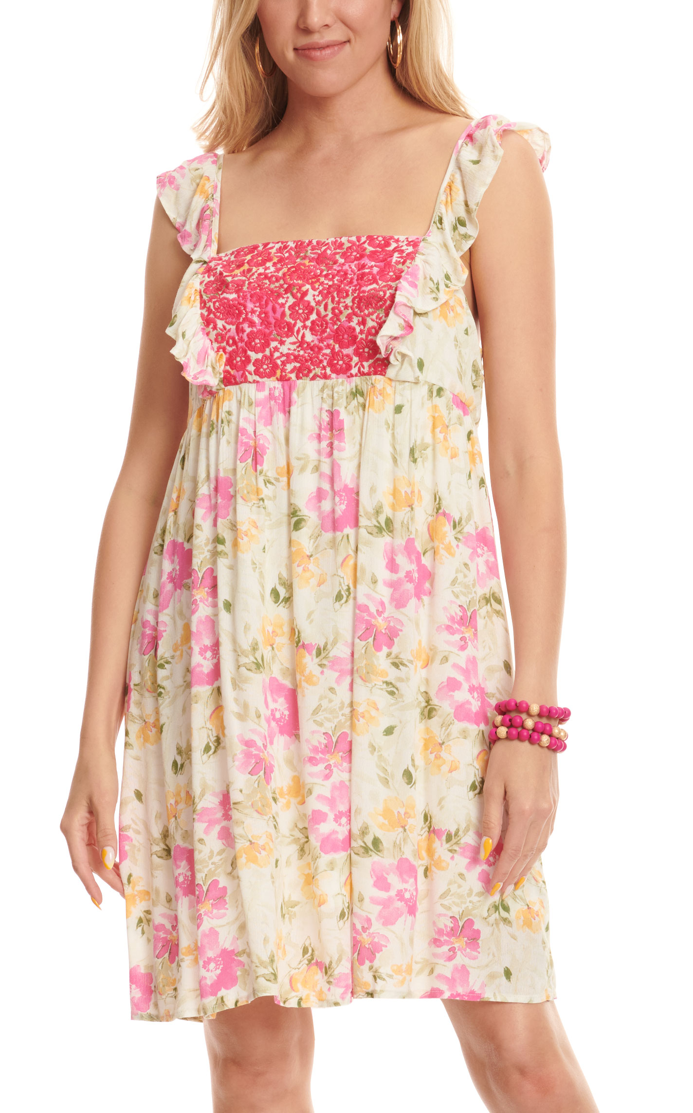 Savanna Jane Women's Cream with Floral Print Hot Pink Floral Embroidery Sleeveless Dress - Image 1