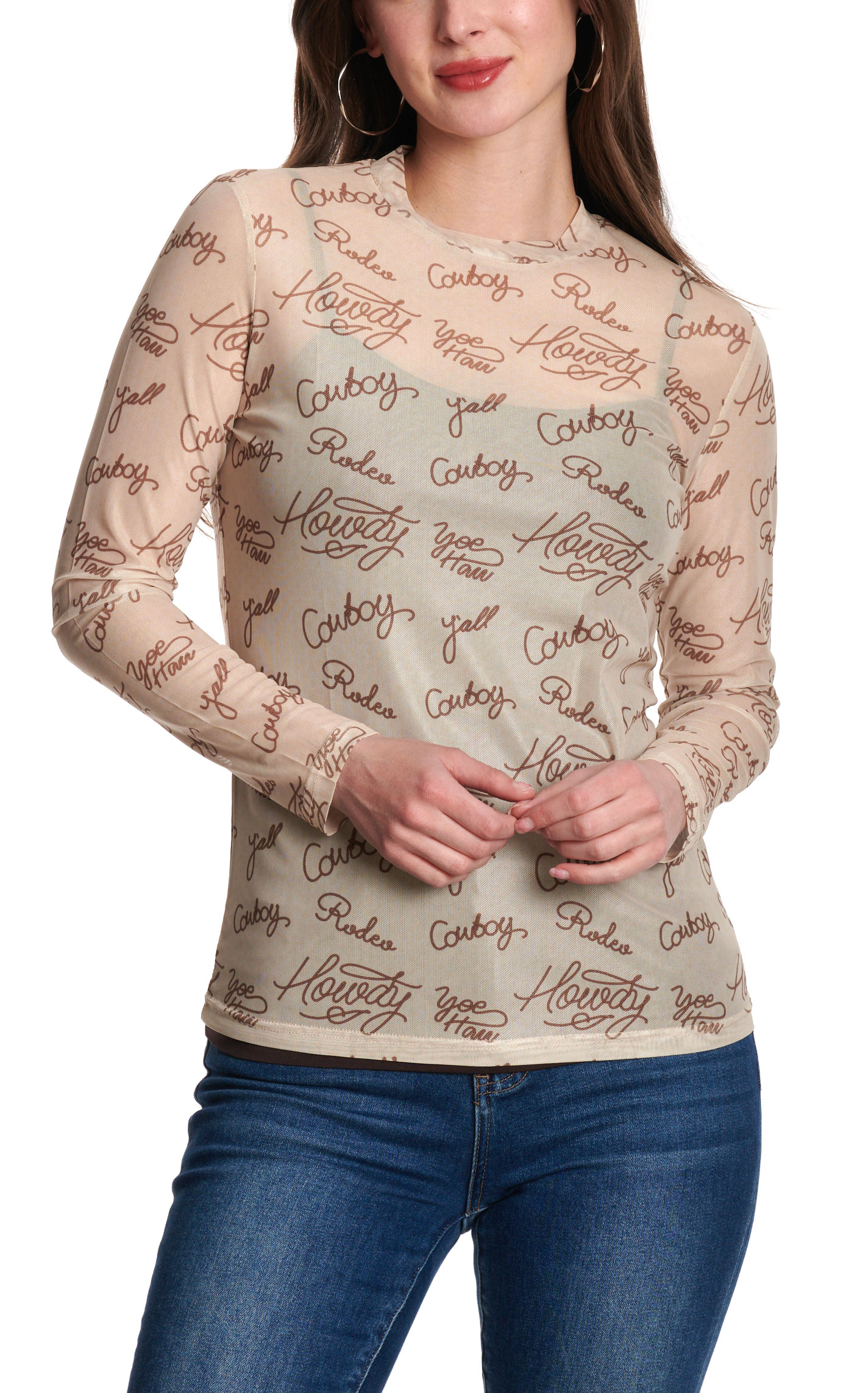 Merigold Kiss Women’s Tan Western Word Print Mesh Shirt - Image 1