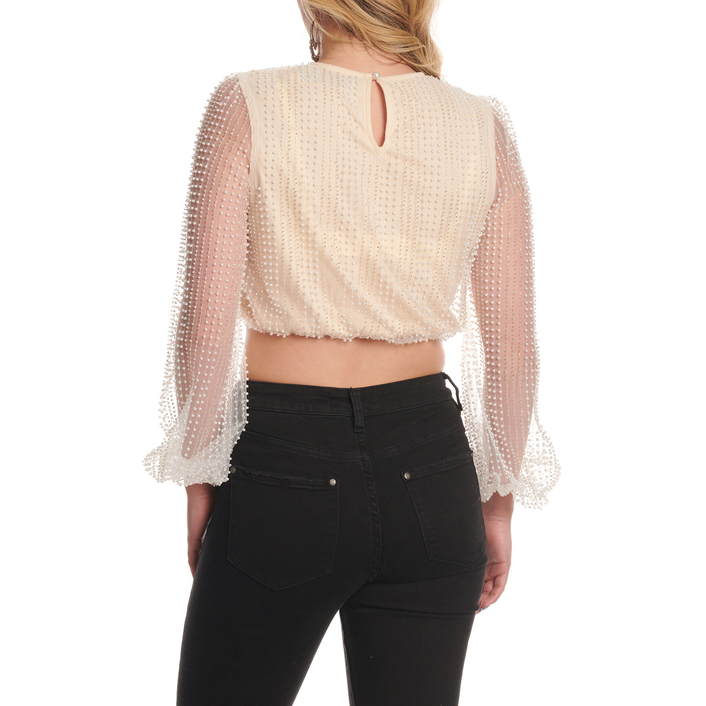 Endless Blu Women's Cream Embellished Long Sleeve Cropped Top - Image 1