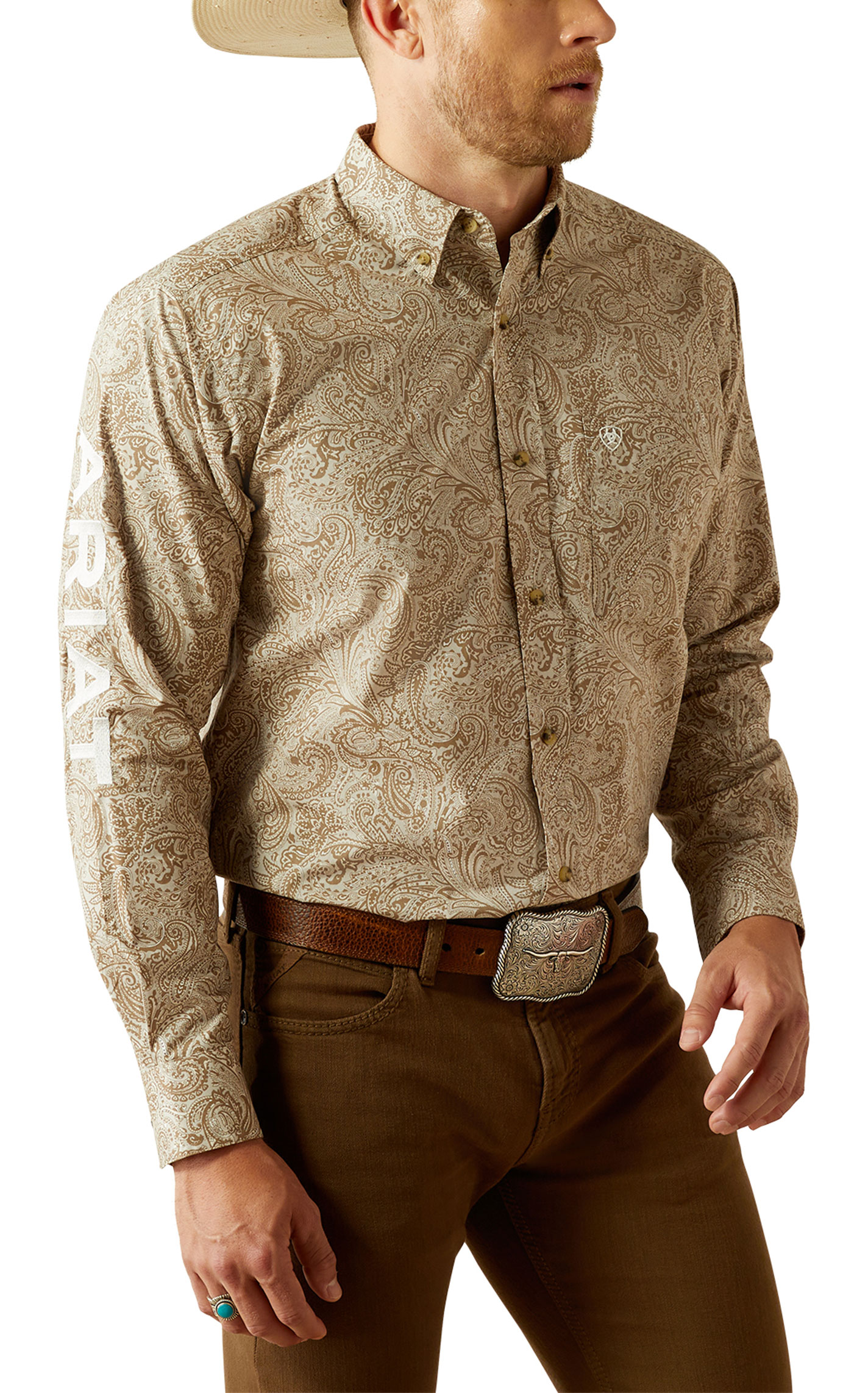 Ariat Men's Team Kason Khaki & Taupe Logo Embroidery Western Shirt - Image 1