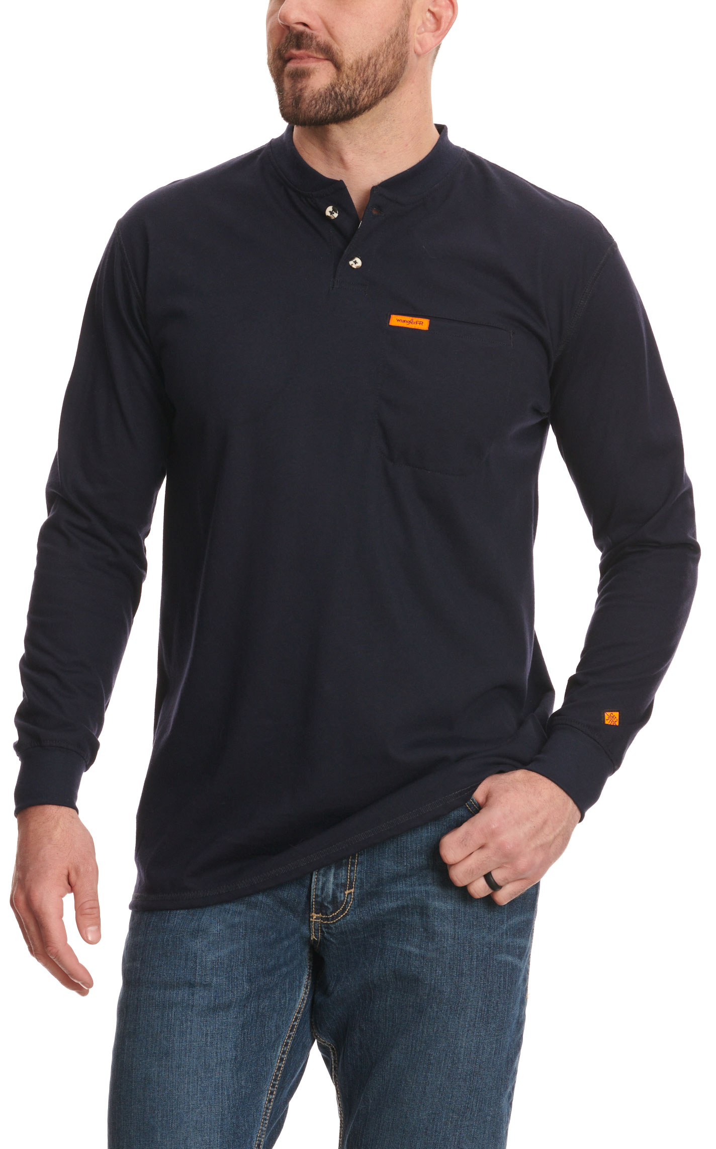 Wrangler FR Men's Navy Long Sleeve Henley Work Shirt - Big & Tall Sizes - Image 1