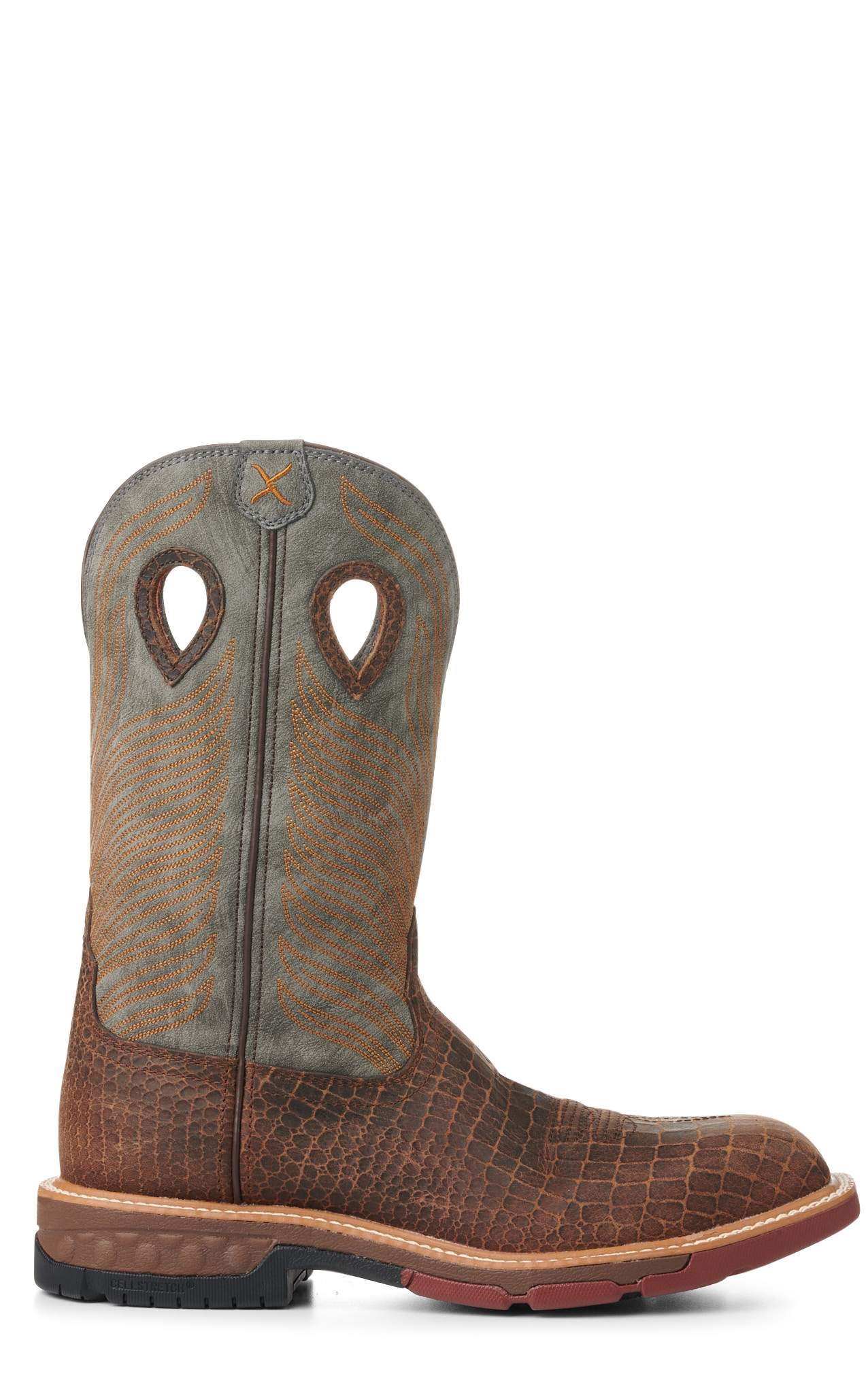 Twisted X Men's Brown Caiman Print Foot and Gray CellStretch Wide Square Composite Toe Work Boots - Image 1