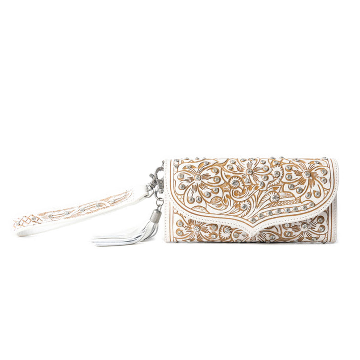 Myra Bag White & Tan Tooled Leather Hand Wallet - Image 1