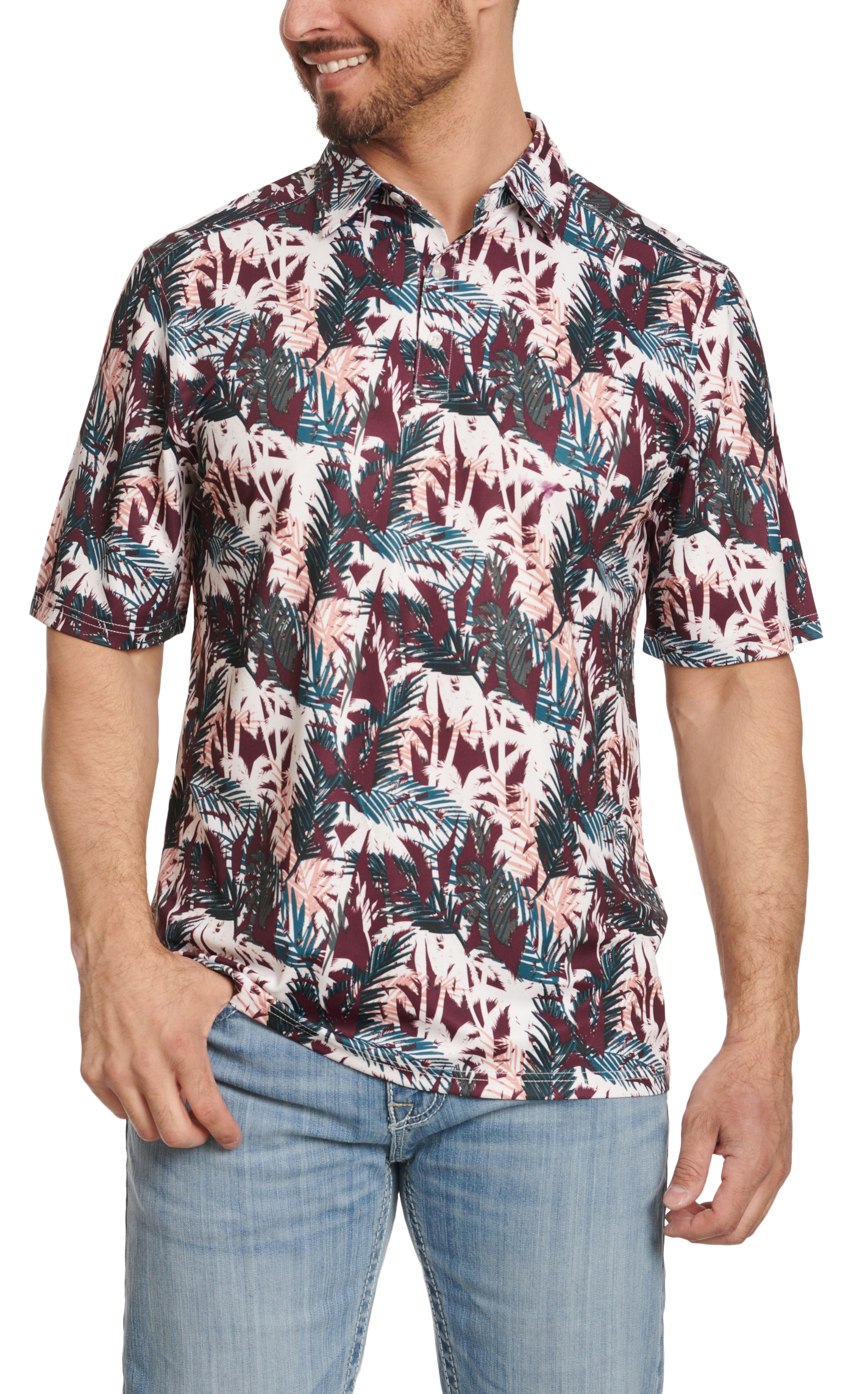 Cinch Men's Wine Teal & White Palm Leaf Print ArenaFlex Short Sleeve Polo Shirt - Image 1