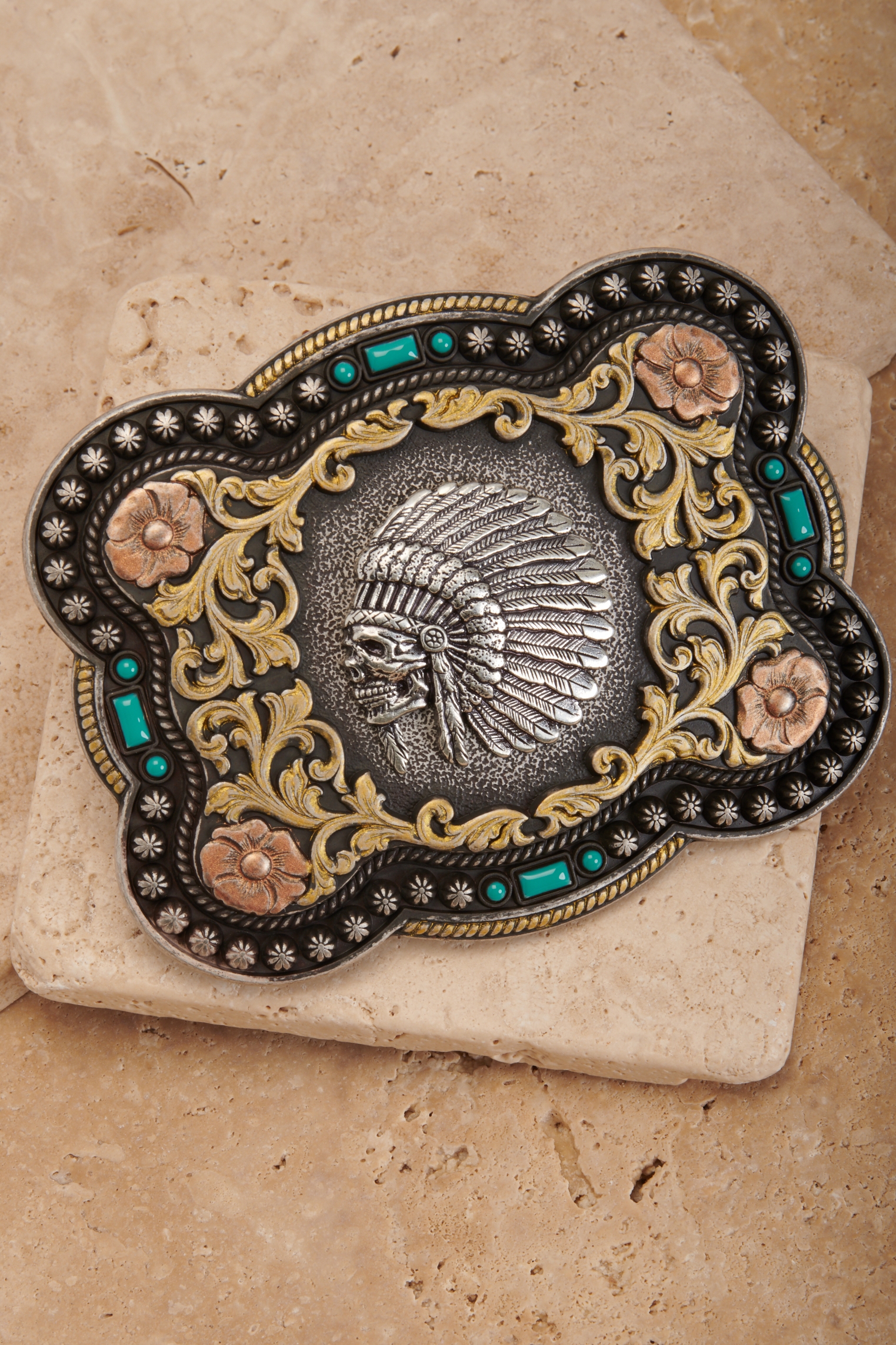 Nocona Antiqued Silver Skull Chief with Gold Scrolling and Turquoise Accents Rectangle Belt Buckle - Image 1