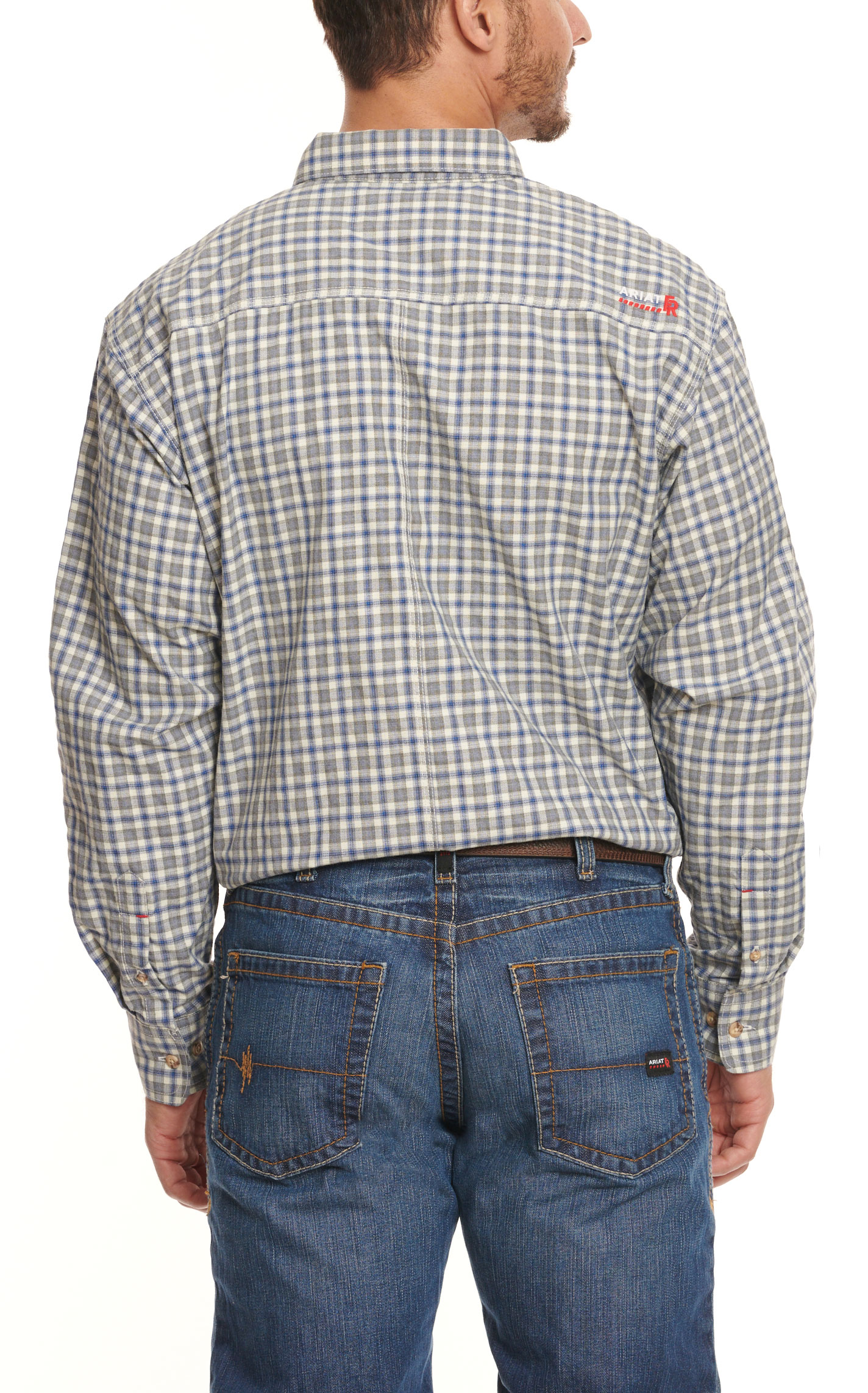 Ariat Work FR Men's Featherlight Olive and Blue Plaid Long Sleeve Work Shirt - Image 1