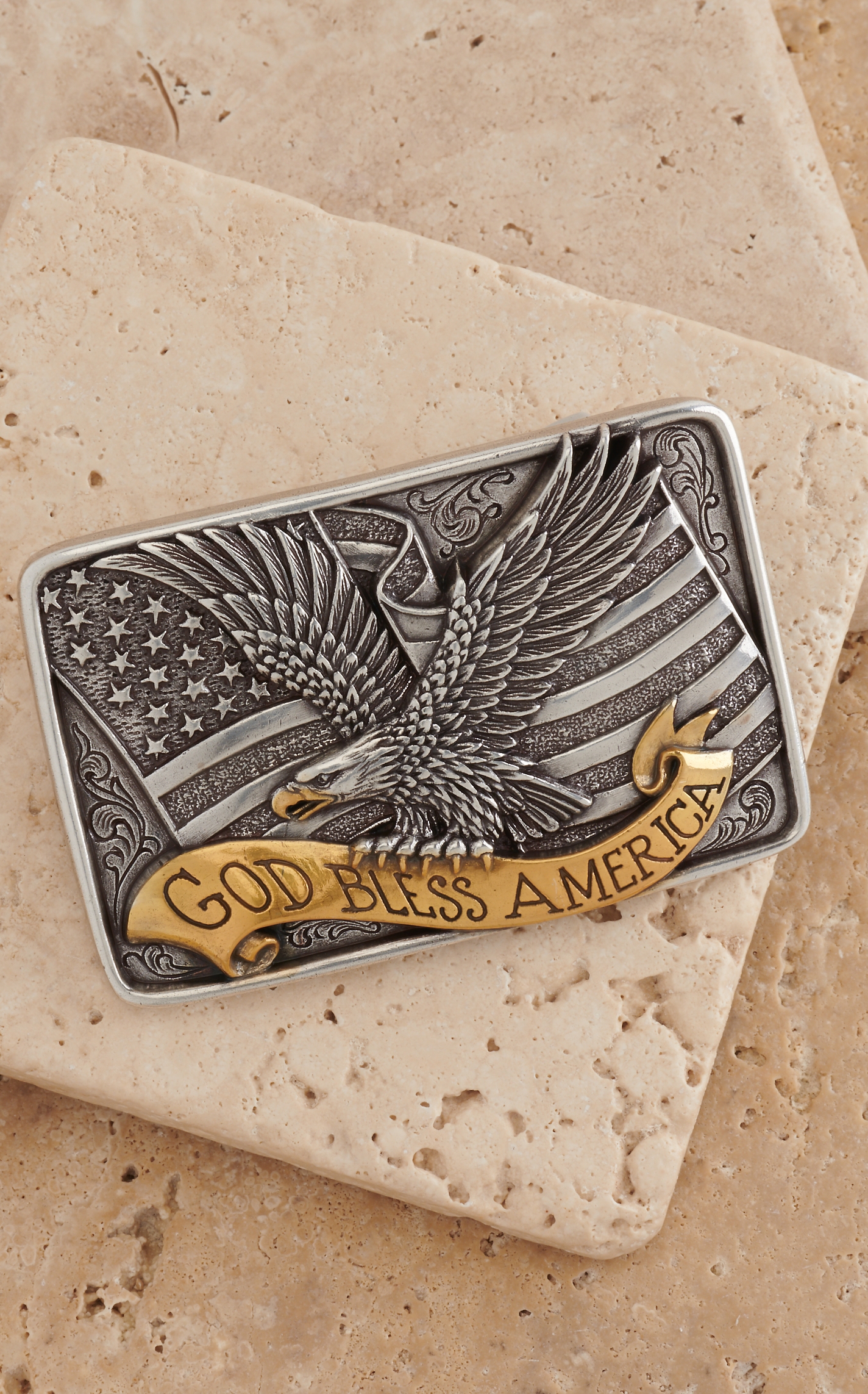 M&F Western Products Silver Flag & Eagle Gold God Bless America Rectangle Belt Buckle - Image 1
