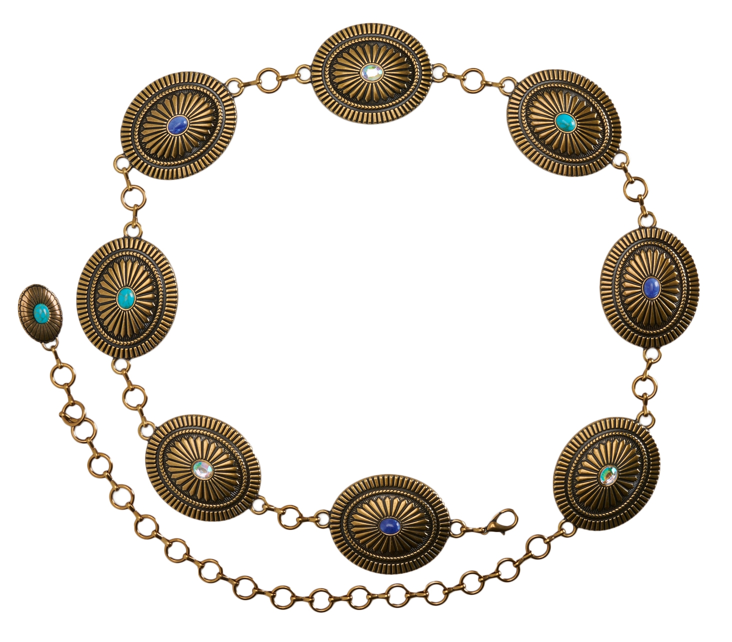 Catchfly Women's Bronze with Turquoise and Crystals Linked Concho Chain Belt - Image 1