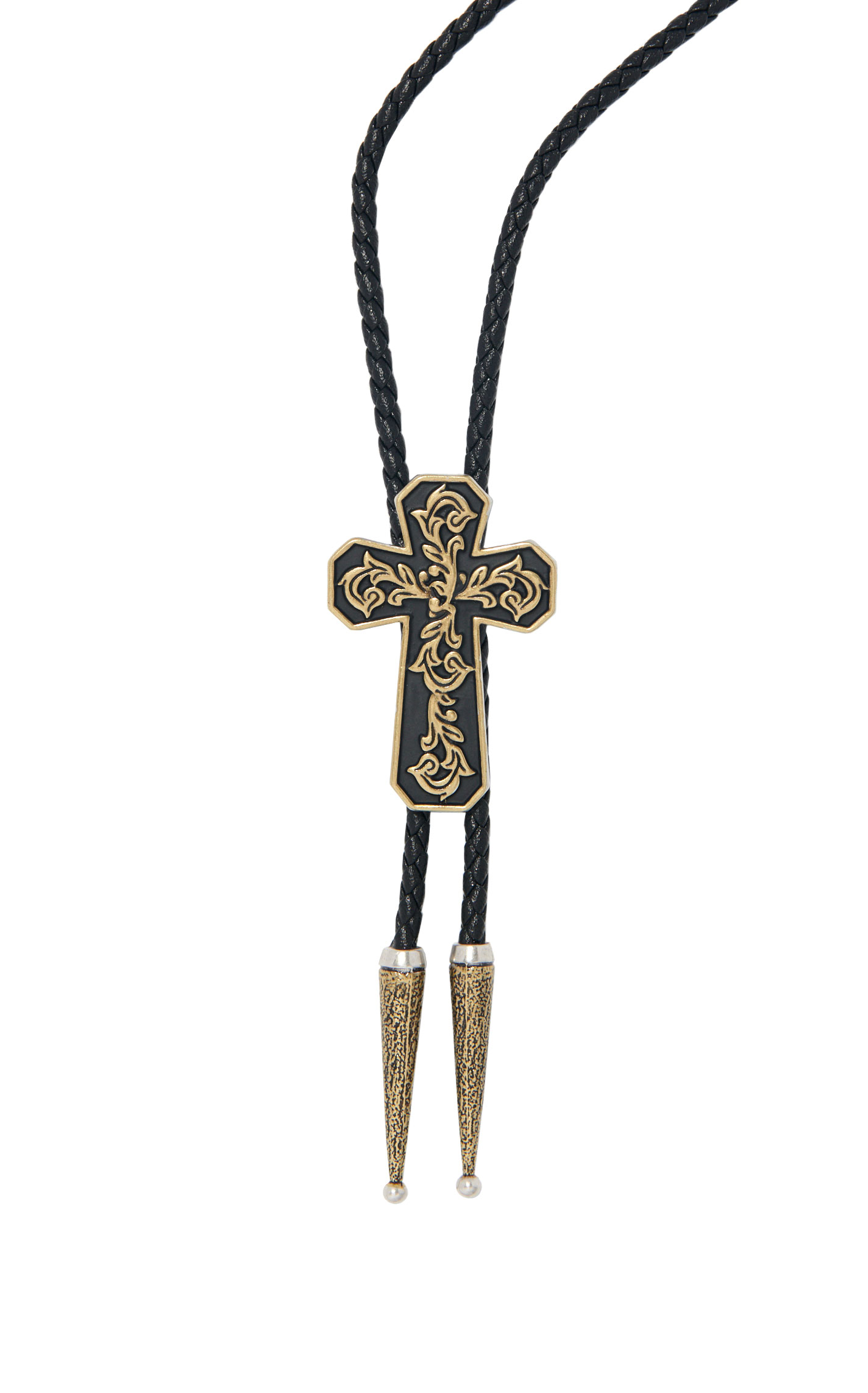 Montana Silversmiths Gold and Black Filigree Center Cross Bolo Tie - Image 1