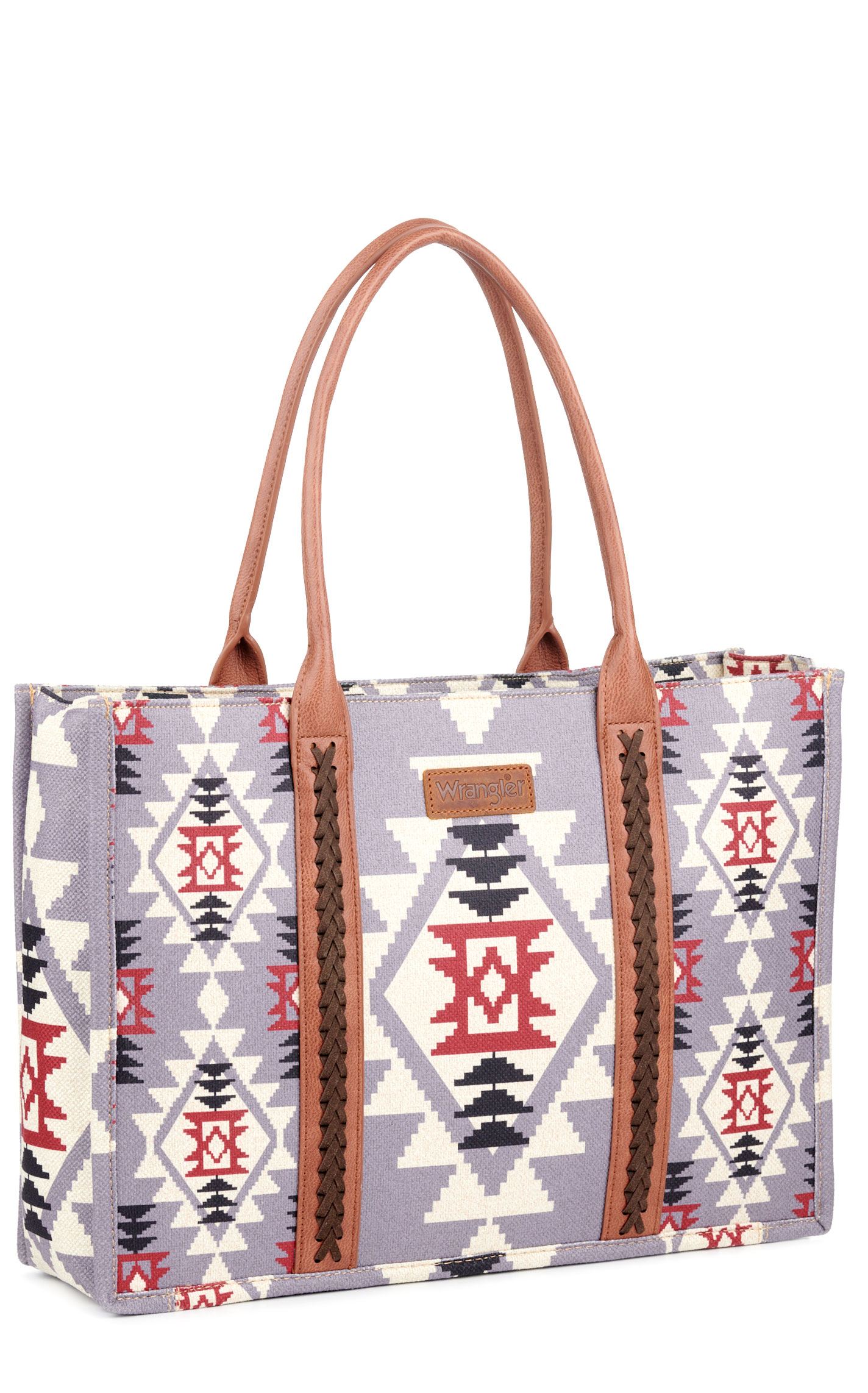 Wrangler Women's Rosy Stone Gray & Rich Red Aztec Print Leather Trimmed Tote - Image 1