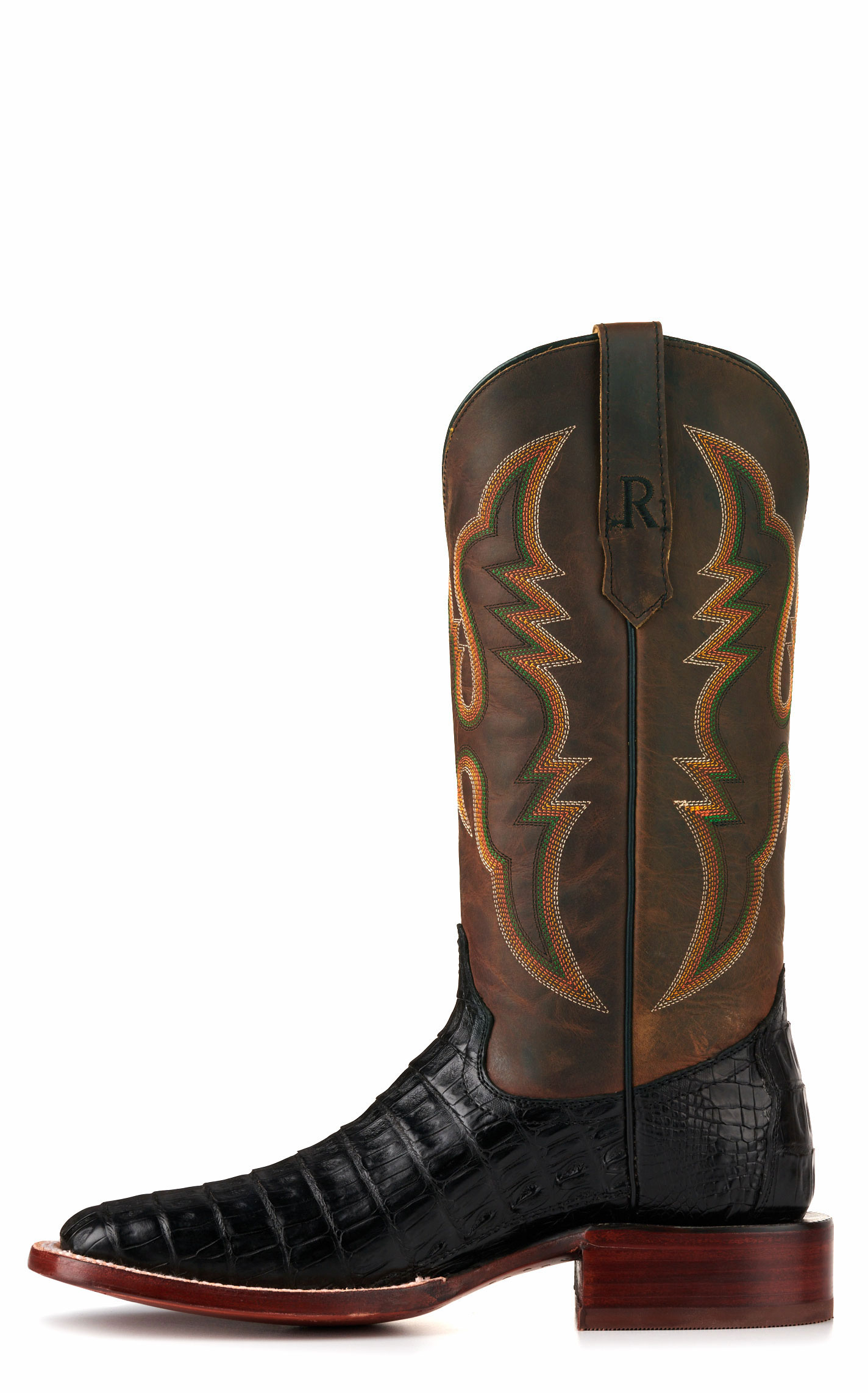 R. Watson Men's Black Caiman Tail and Tan Wide Square Toe Exotic Cowboy Boots - Image 1