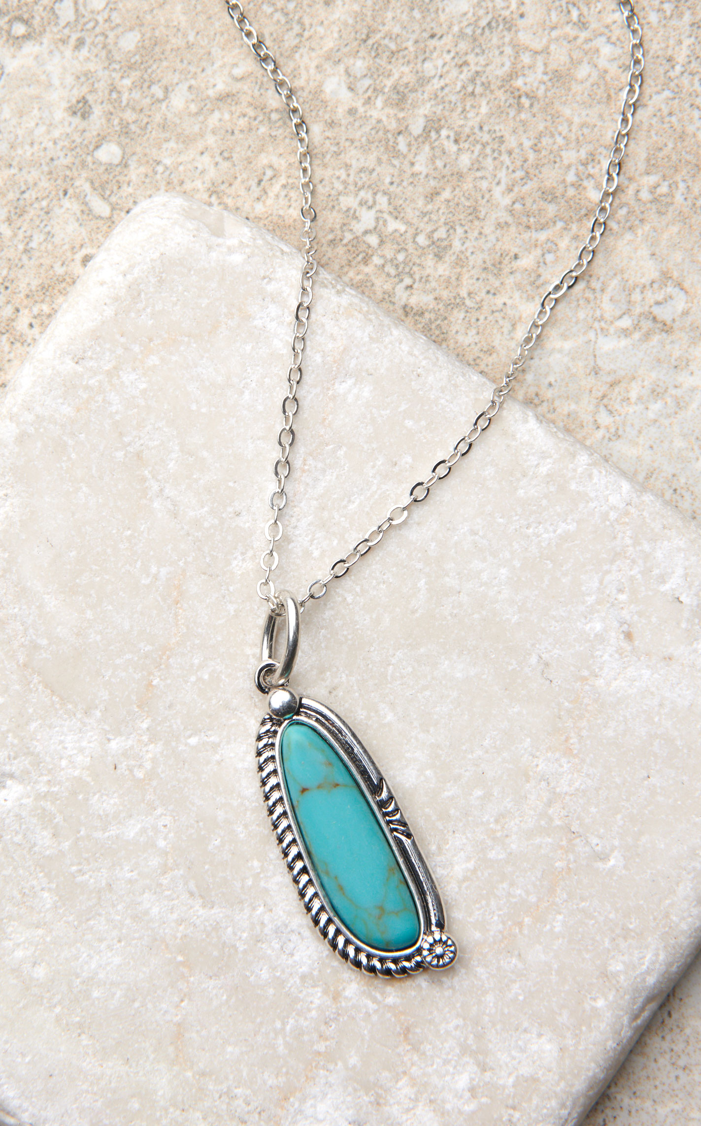 Justin Silver Rope & Flower Accent Turquoise Center Oblong Pendant Necklace - Image 1