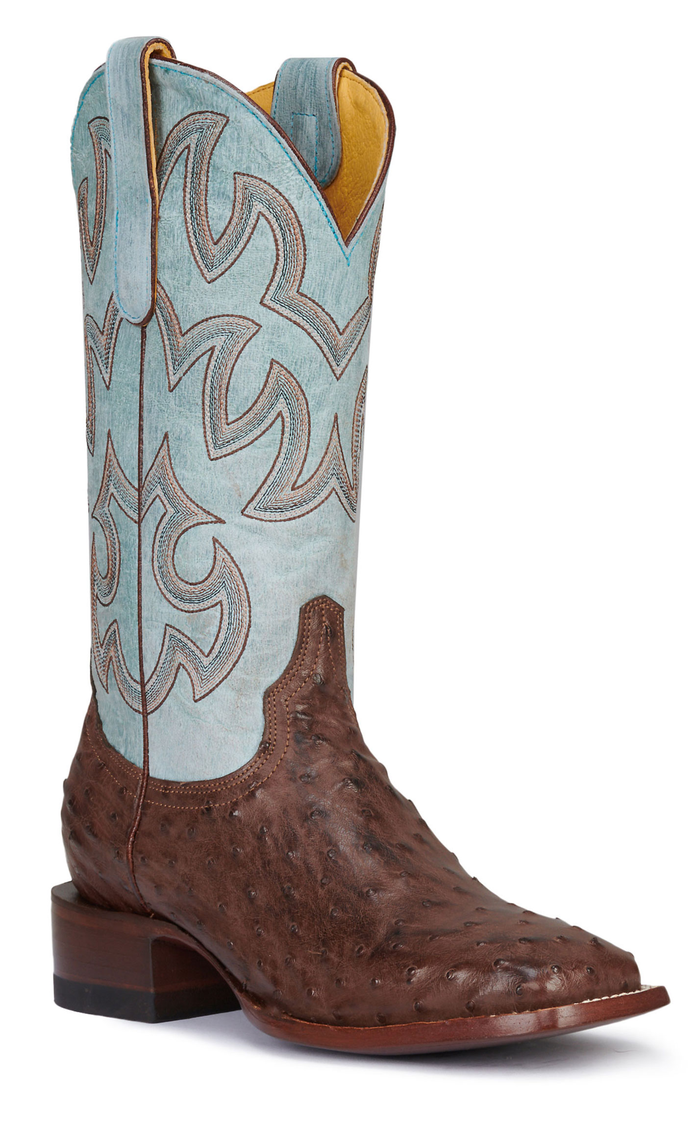 Cavender’s Women’s Sky Blue Leather and Bruchiato Moka Brown Full Quill Ostrich Exotic Square Toe Cowboy Boots - Image 1
