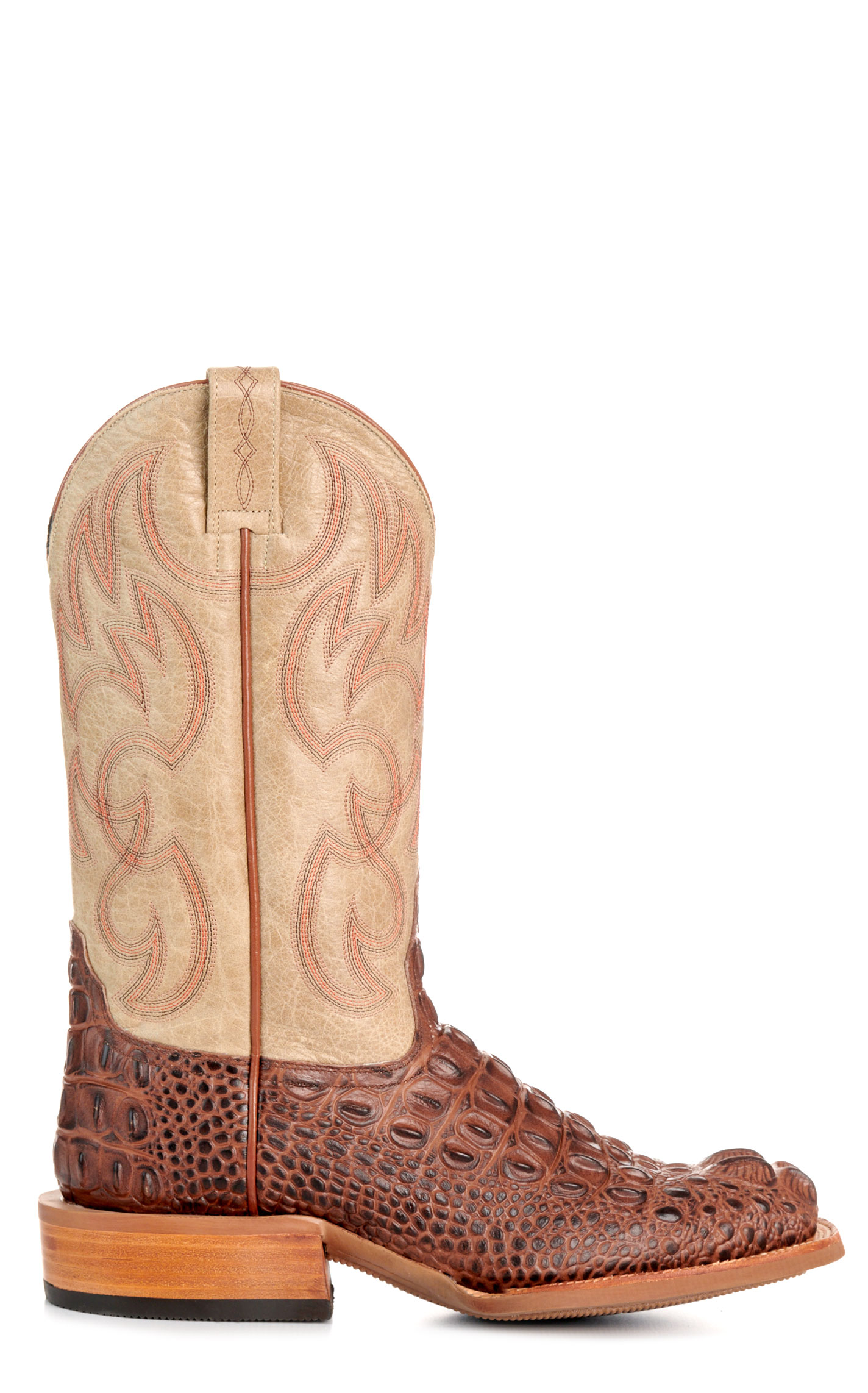 Cavender's Men's Intrepid Antique Cognac Hornback Alligator Print and Bone Wide Square Toe Cowboy Boots - Image 1
