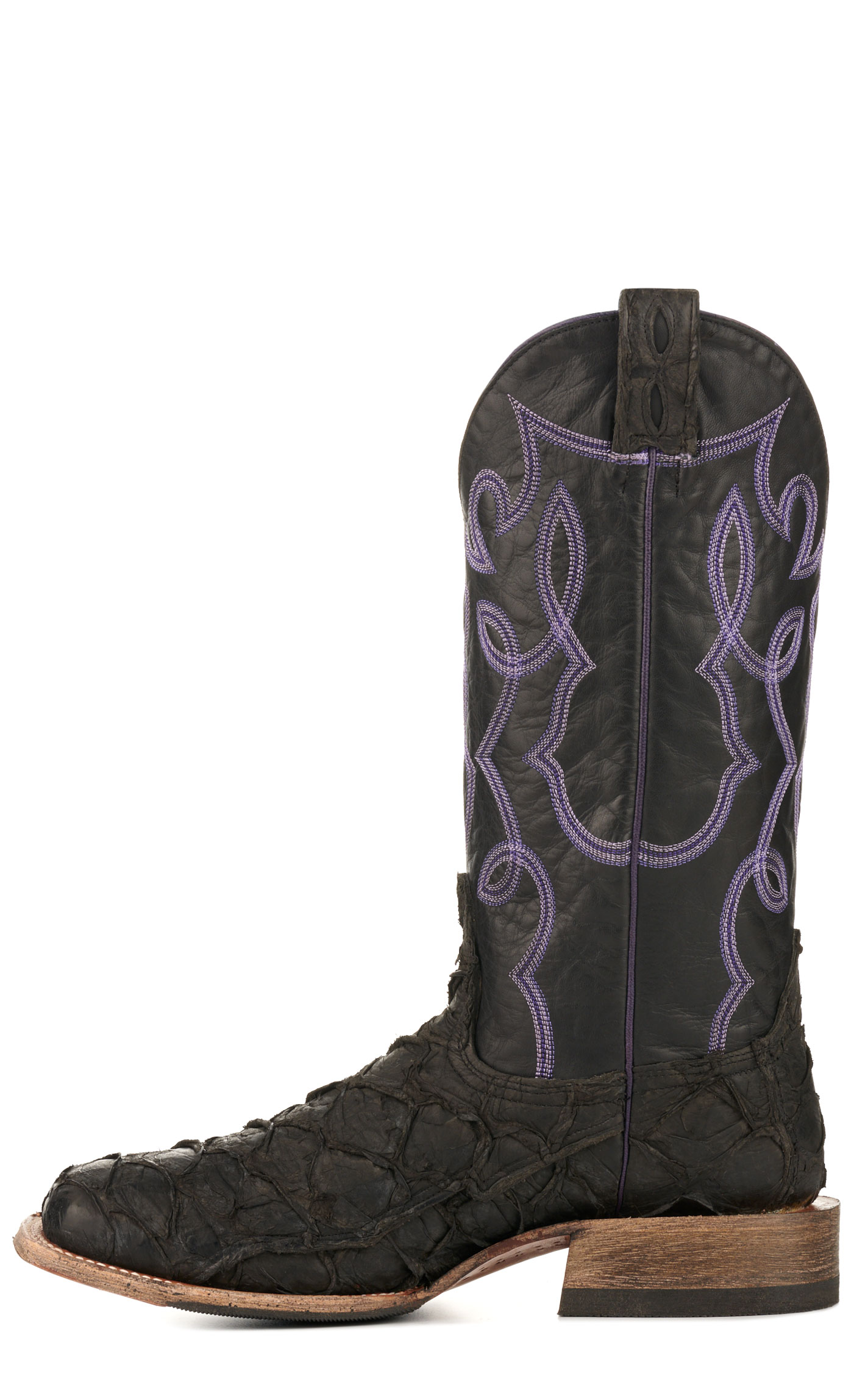Cavender's Men's Black Leather and Pirarucu Wide Square Toe Exotic Cowboy Boots - Image 1