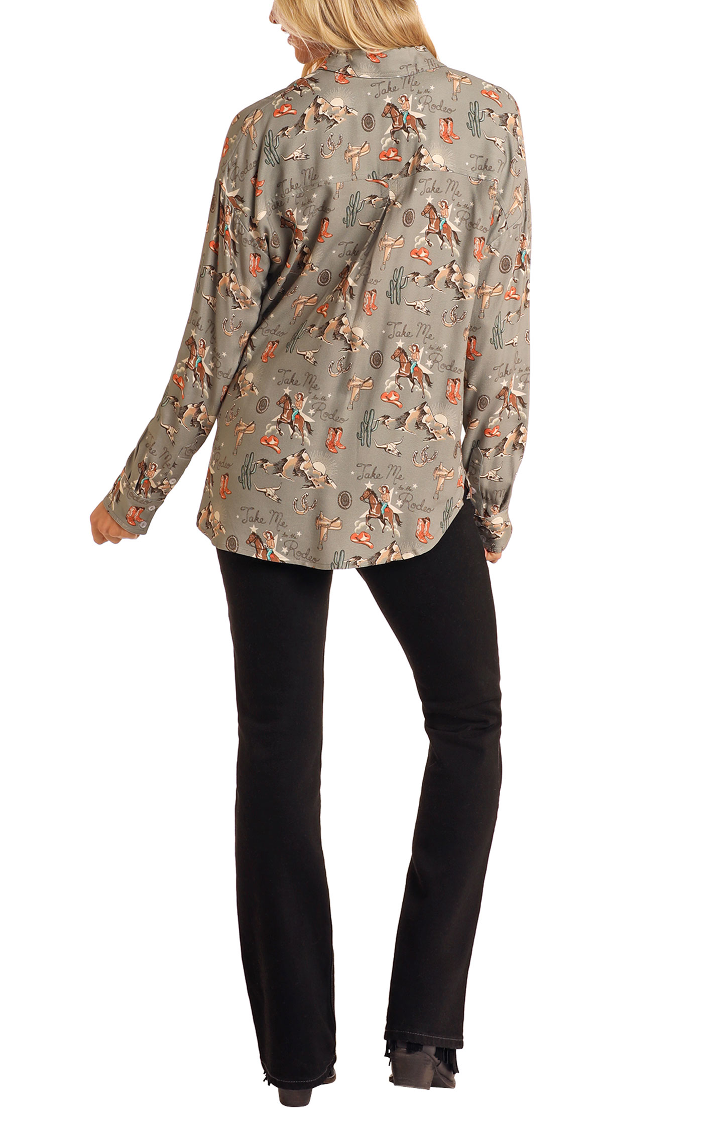 Panhandle Women's Fossil Gray Retro Western Print Top - Plus Sizes - Image 1