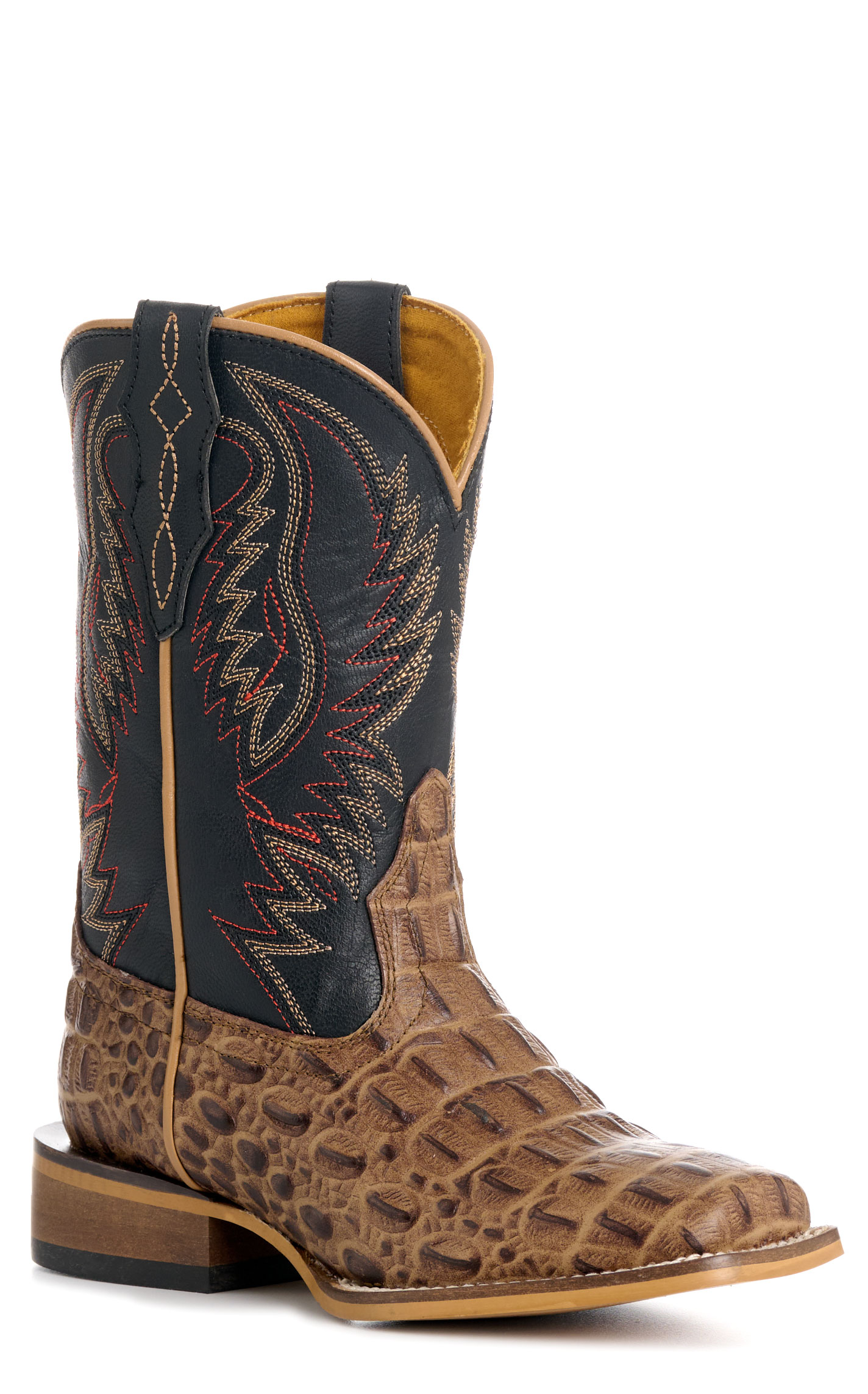 Cavender’s Kid’s Black and Sand Crocodile Print Wide Square Toe Cowboy Boots - Image 1