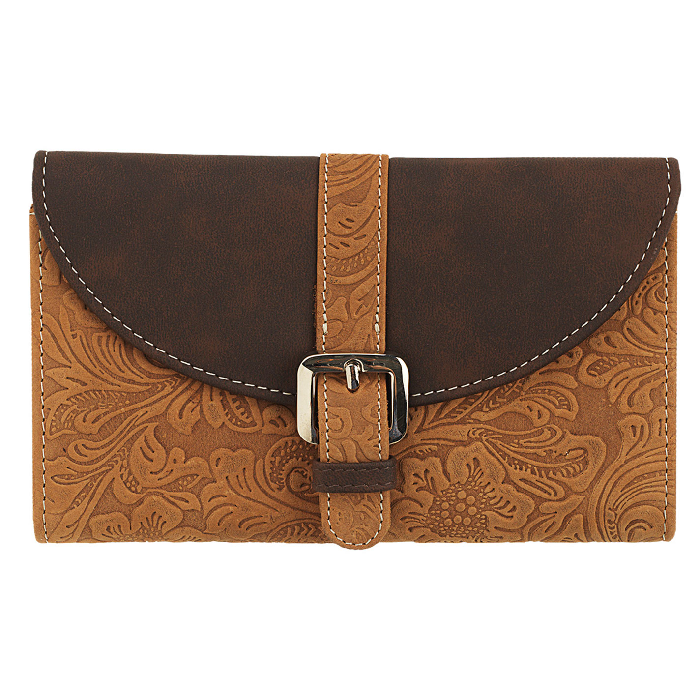 Nocona Brown and Tan Clara Tooled Leather Silver Buckle Wallet - Image 1