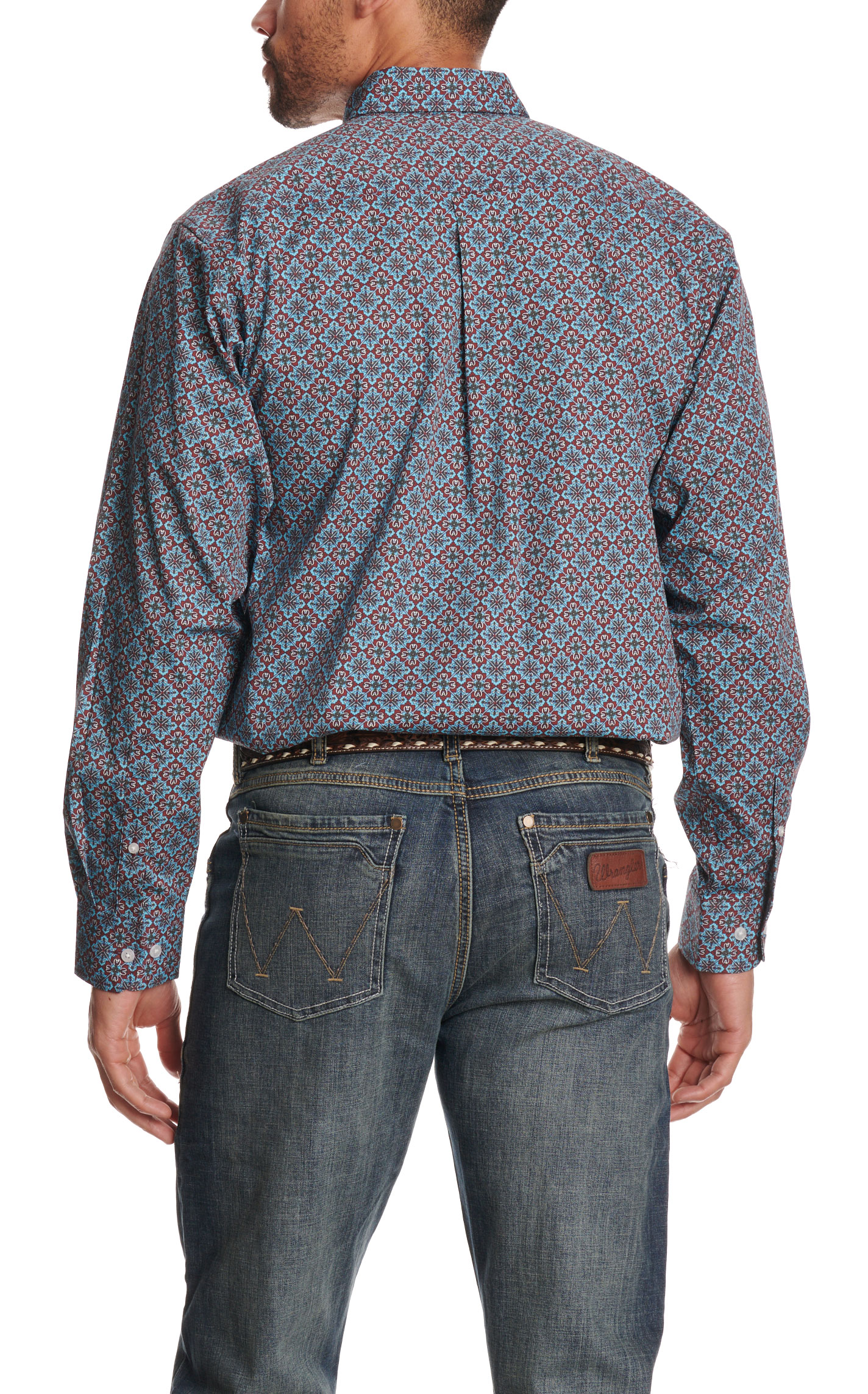 Rafter C Men's Burgundy & Blue Wallpaper Print Long Sleeve Western Shirt - Image 1