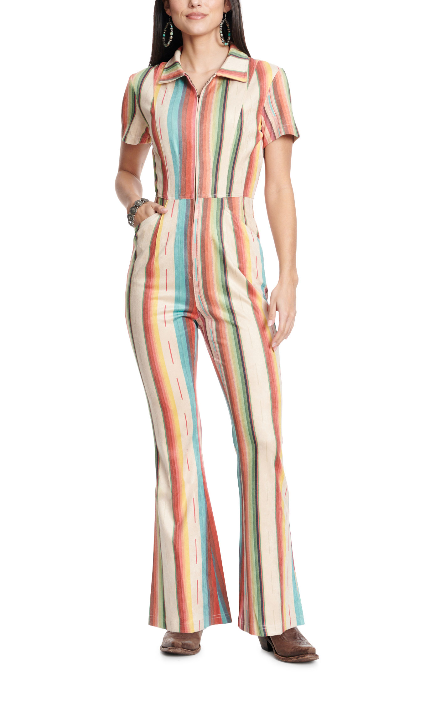 Fashion Express Women's Toasted Sand & Colorful Serape Faux Suede Short Sleeve Flare Leg Jumpsuit - Image 1