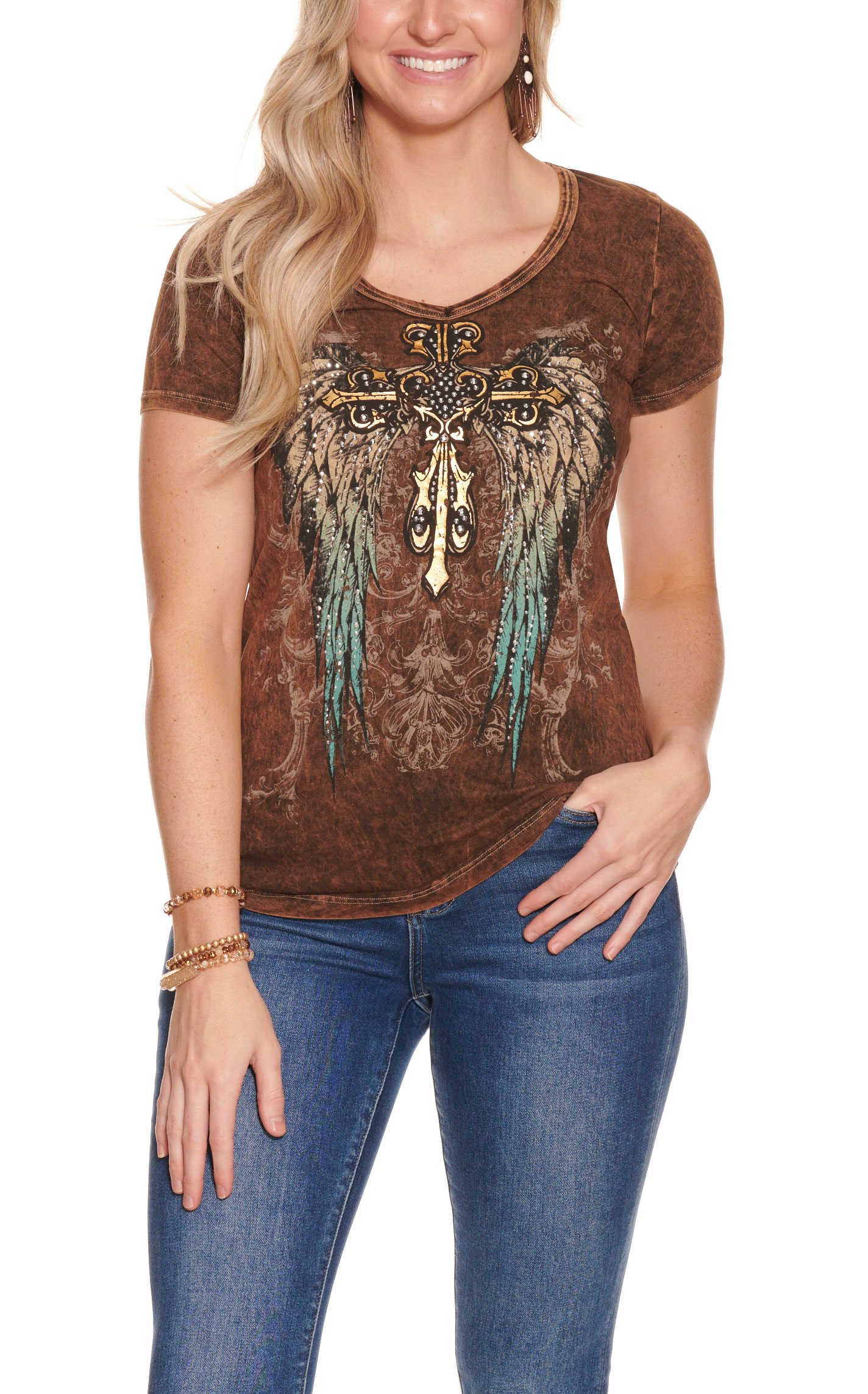 Liberty Wear Women's Deep Brown with Winged Gold Cross Crystals Short Sleeve Tee - Image 1