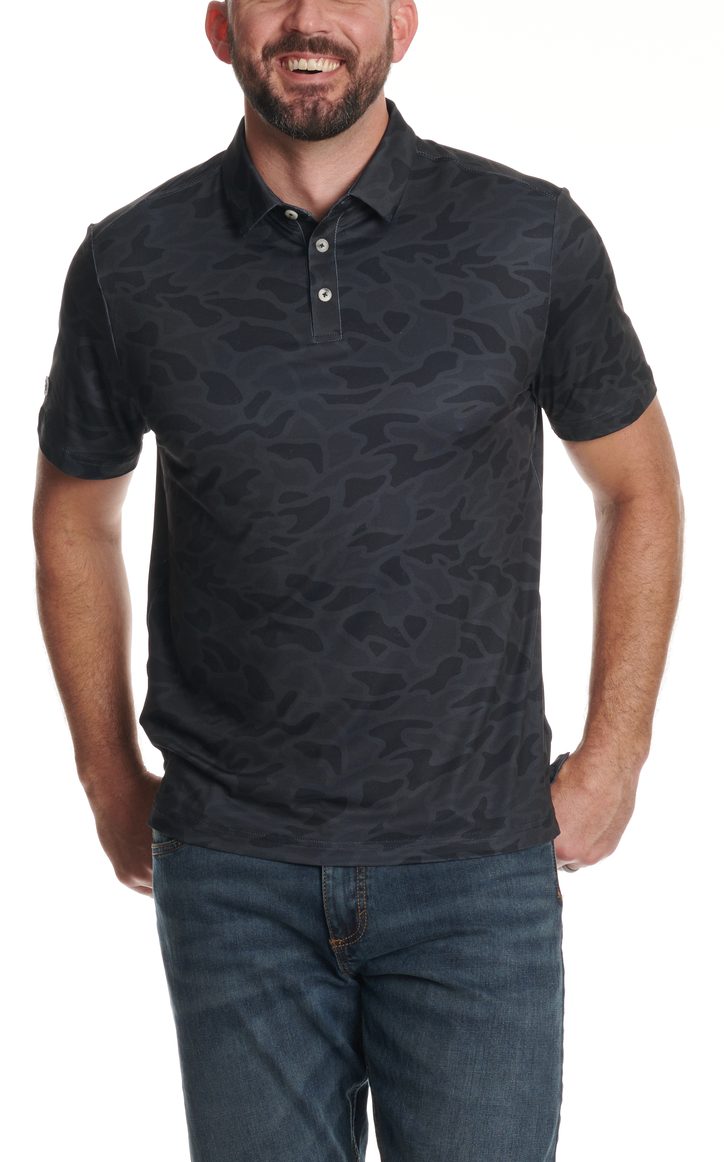 Burlebo Men's Performance Black Camo Print Polo Shirt - Image 1