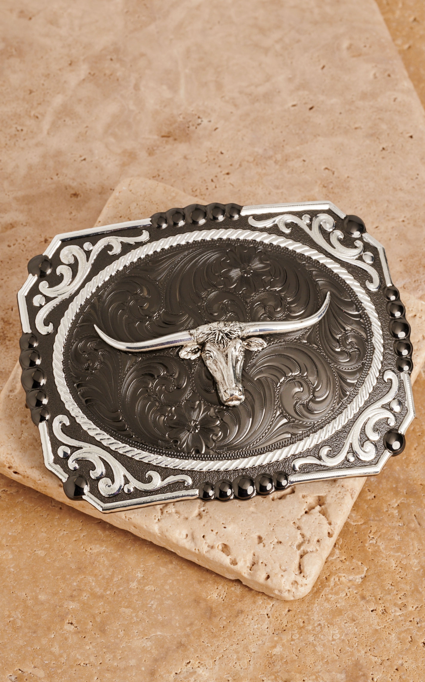 Montana Silversmiths Gunmetal Cameo Filigree with Longhorn Steer Belt Buckle - Image 1