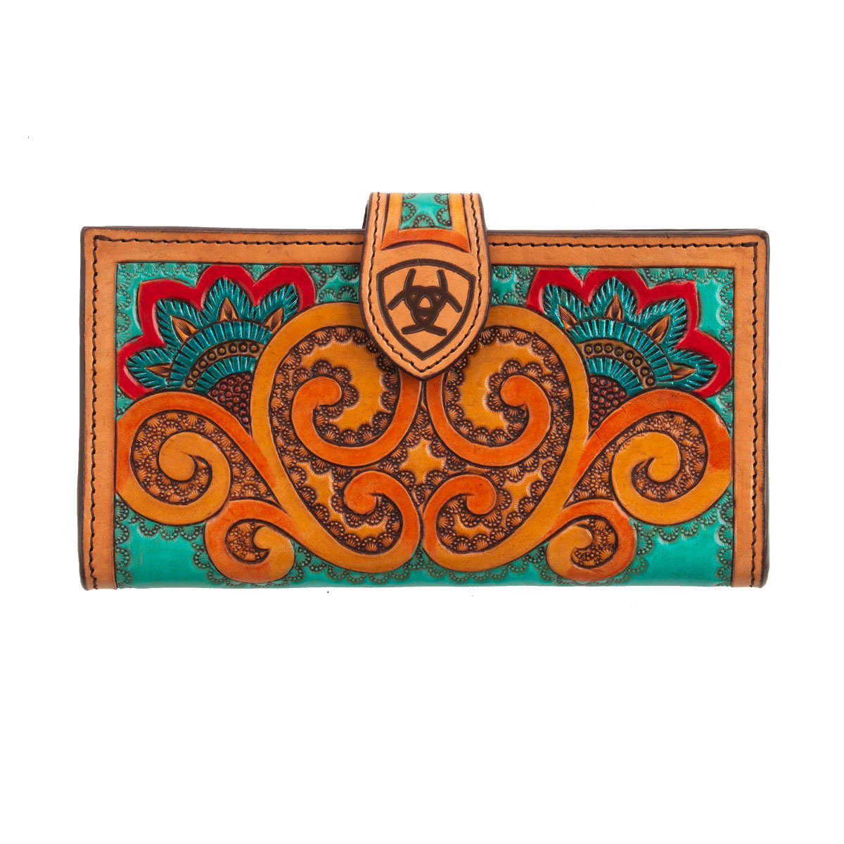 Ariat Bright Hand-Tooled Floral Paisley Leather Wallet - Image 1