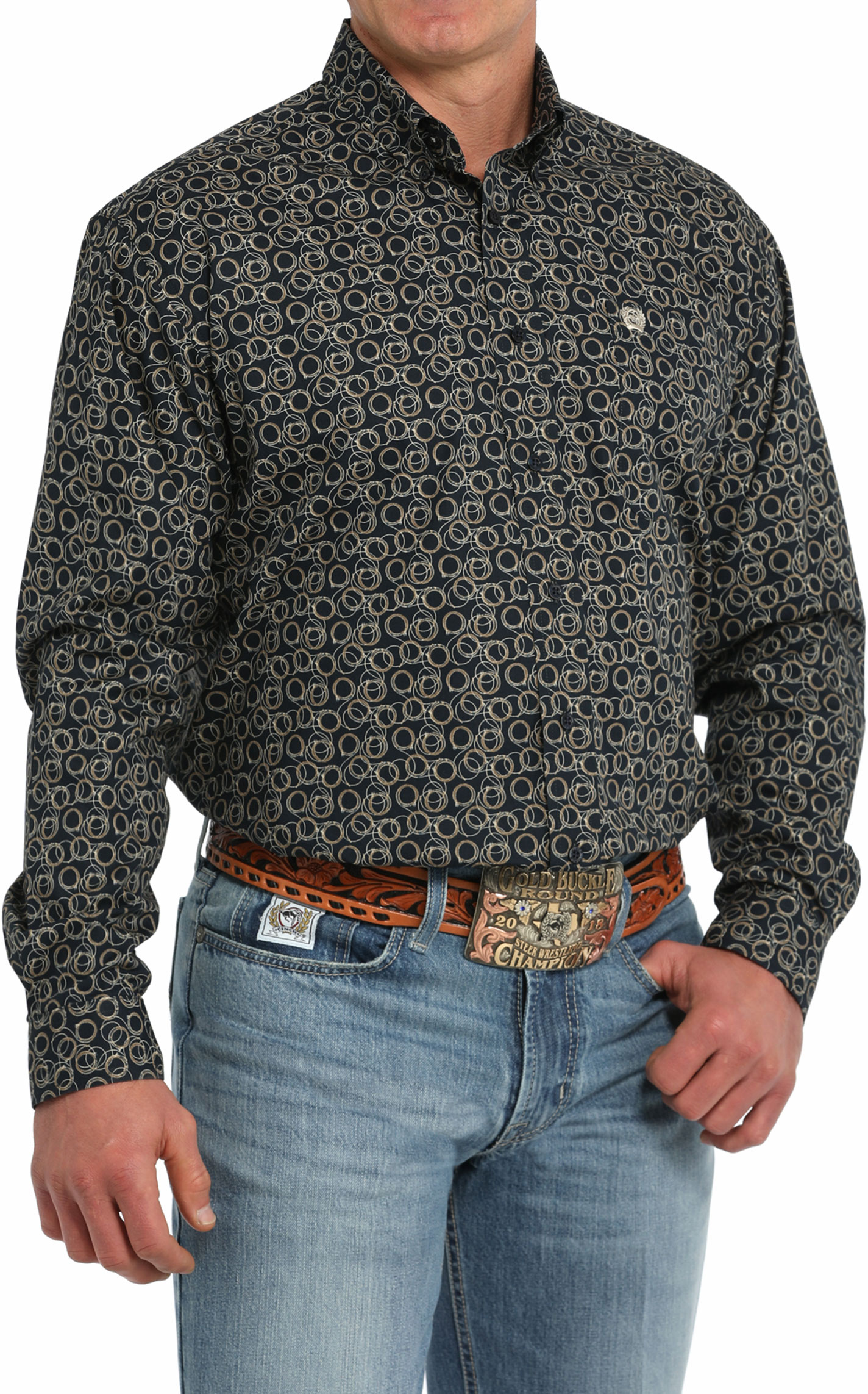 Cinch Men's Navy & Taupe Circle Print Western Shirt - Image 1