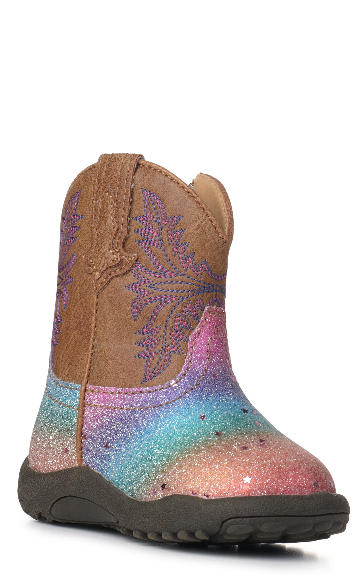 Roper Infant Rainbow Glitter and Tan Faux Leather Round Toe Boots - Image 1