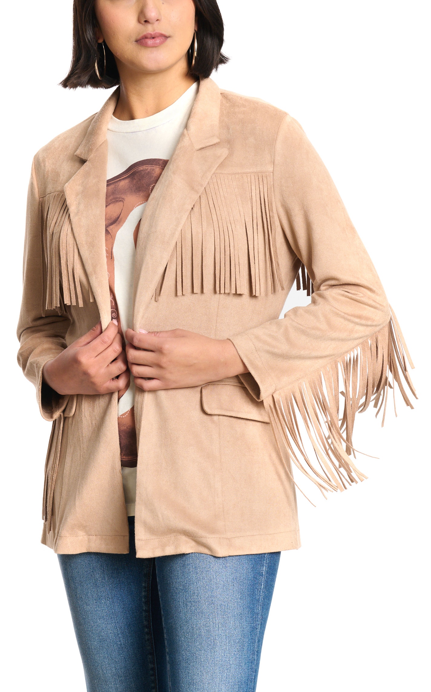 Rockin C Women's Sand Faux Suede Fringed Blazer - Image 1