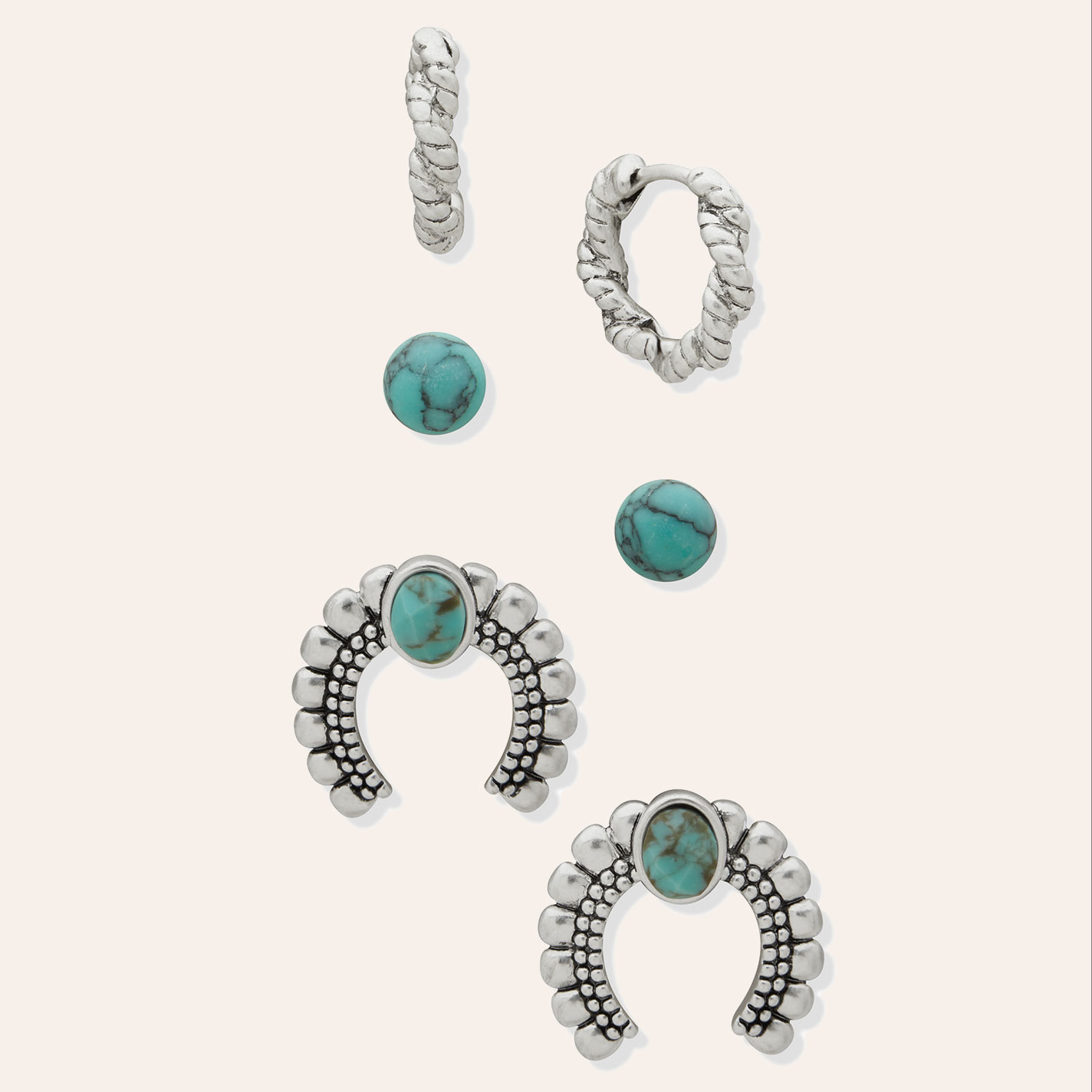 Lainey Wilson Silver & Turquoise Squash Blossom Studs 3-Piece Earring Set - Image 1
