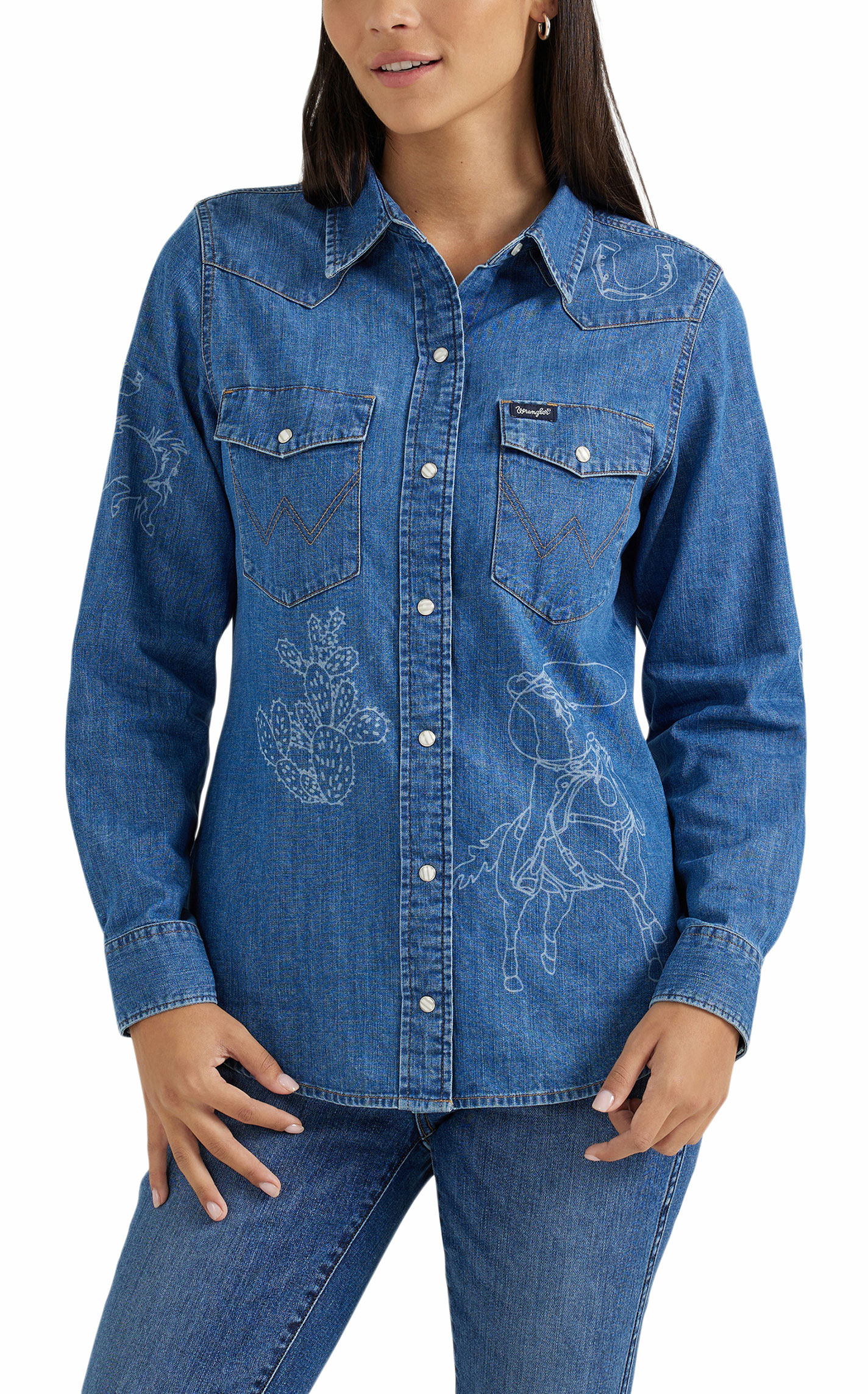 Wrangler Women's Vintage Medium Wash Western Print Denim Shirt - Image 1