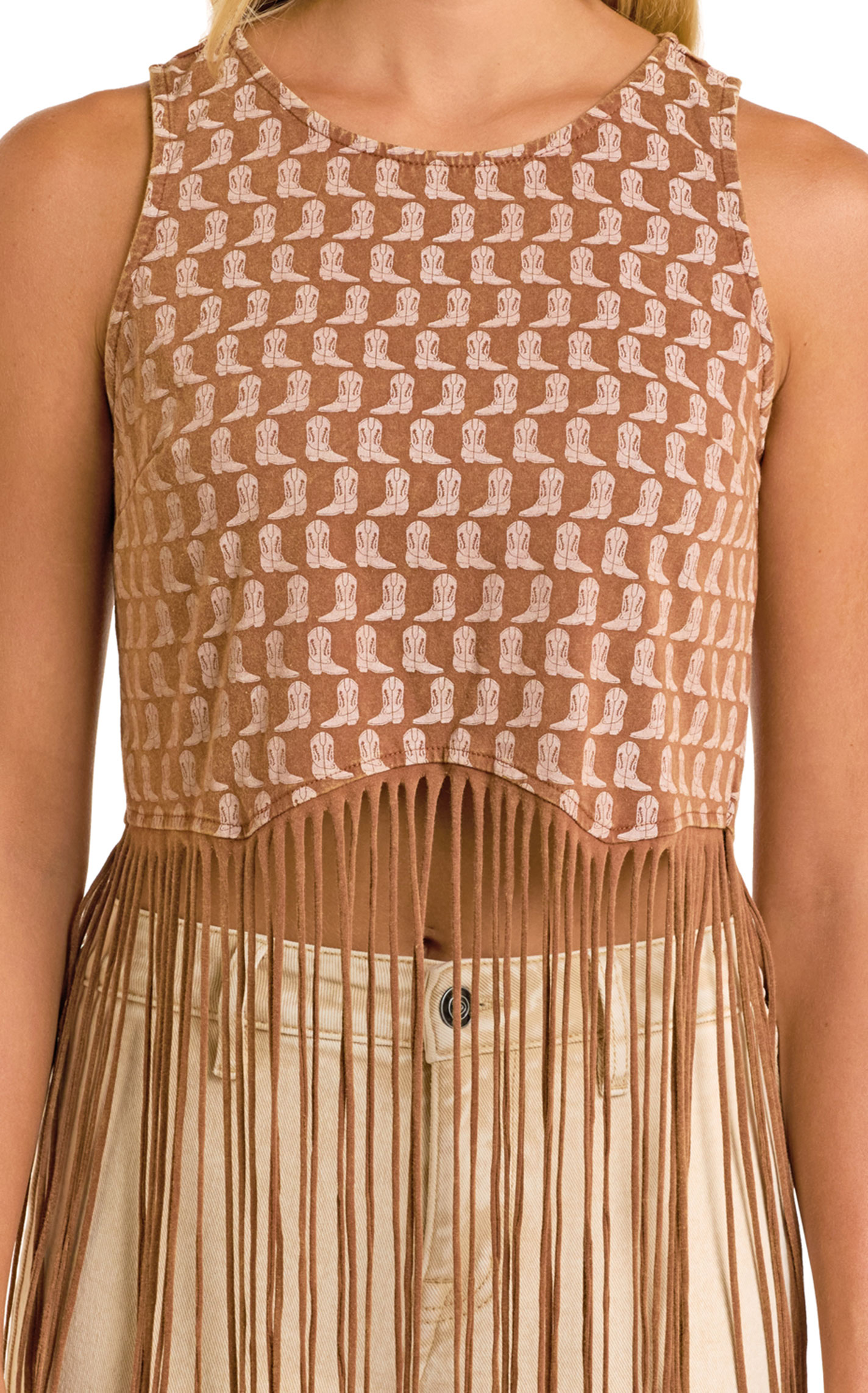 Rock & Roll Denim Woman's Brown & White Boot Print Fringe Tank Top - Image 1