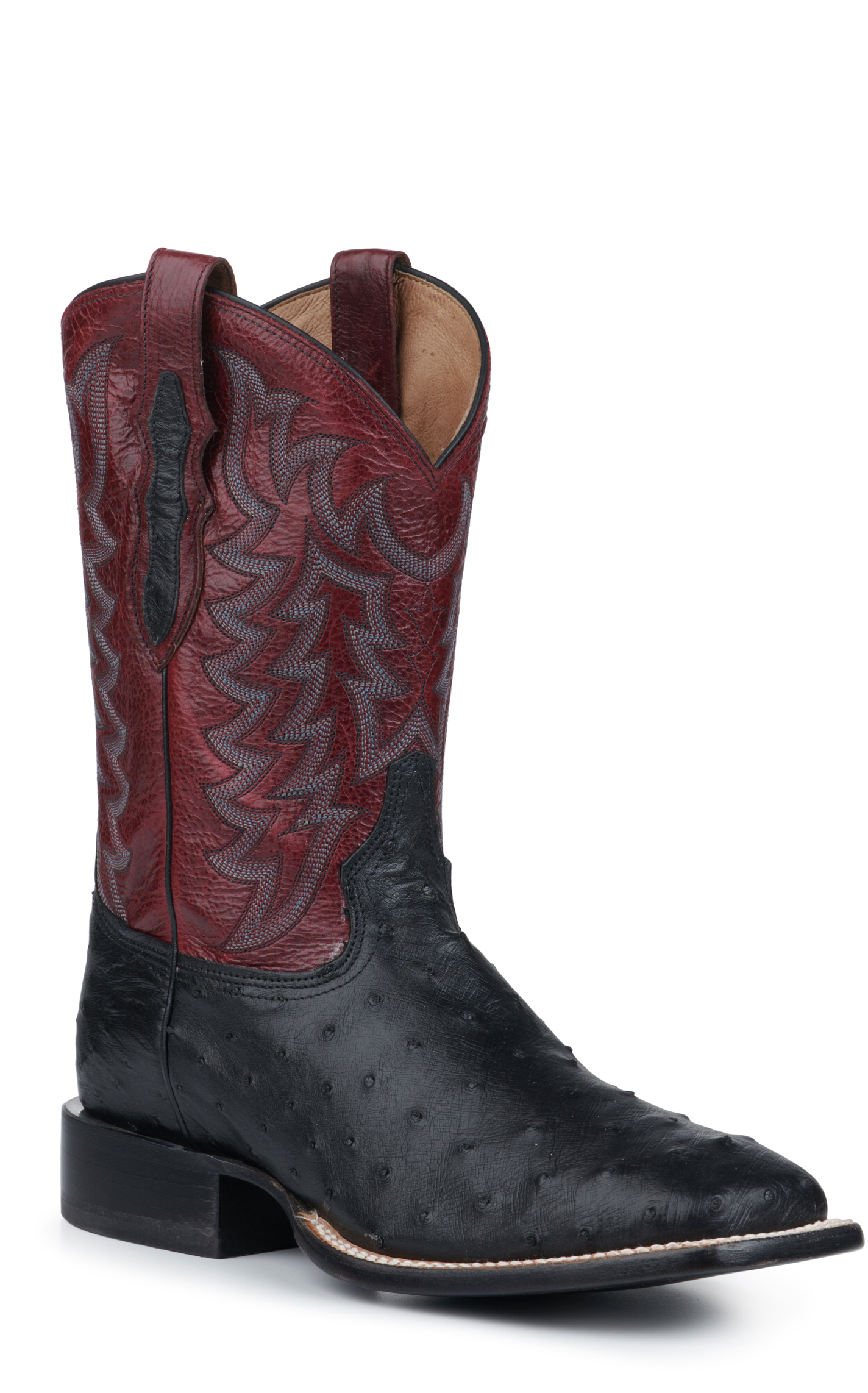 Tony Lama Men's Black Full Quill Ostrich and Dark Red Wide Square Toe Exotic Cowboy Boots - Cavender's Exclusive - Image 1
