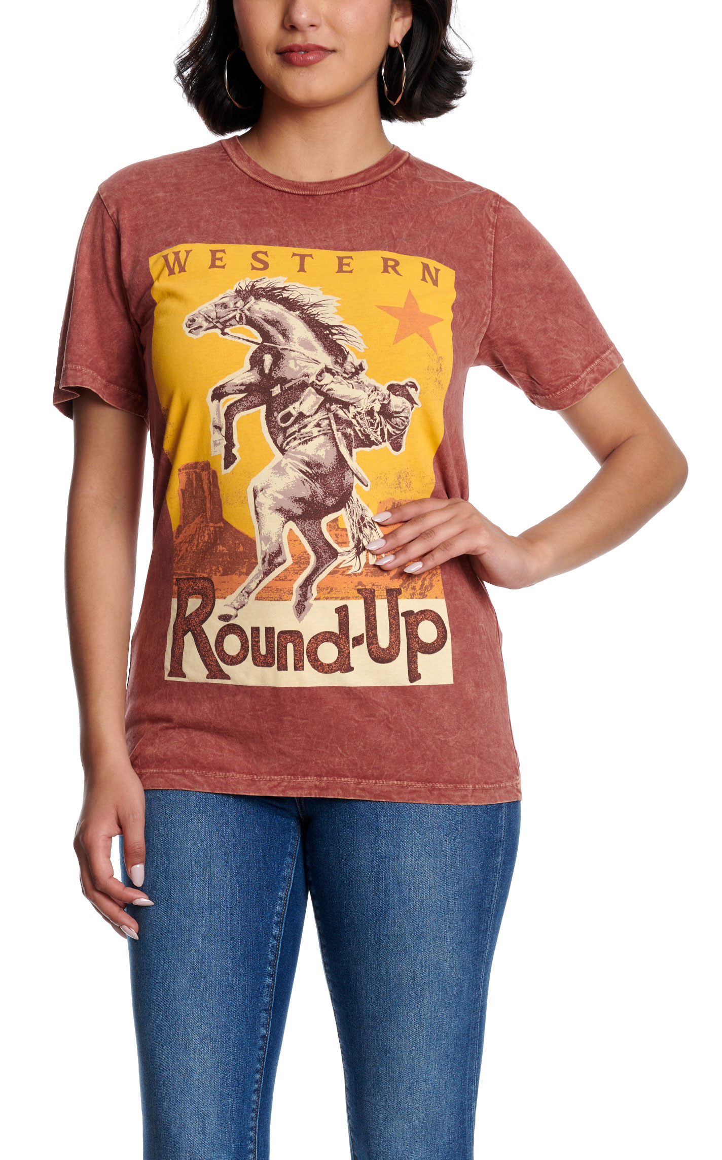 Lotus Fashion Women's Vintage Wine Western Round Up Graphic T-Shirt - Image 1