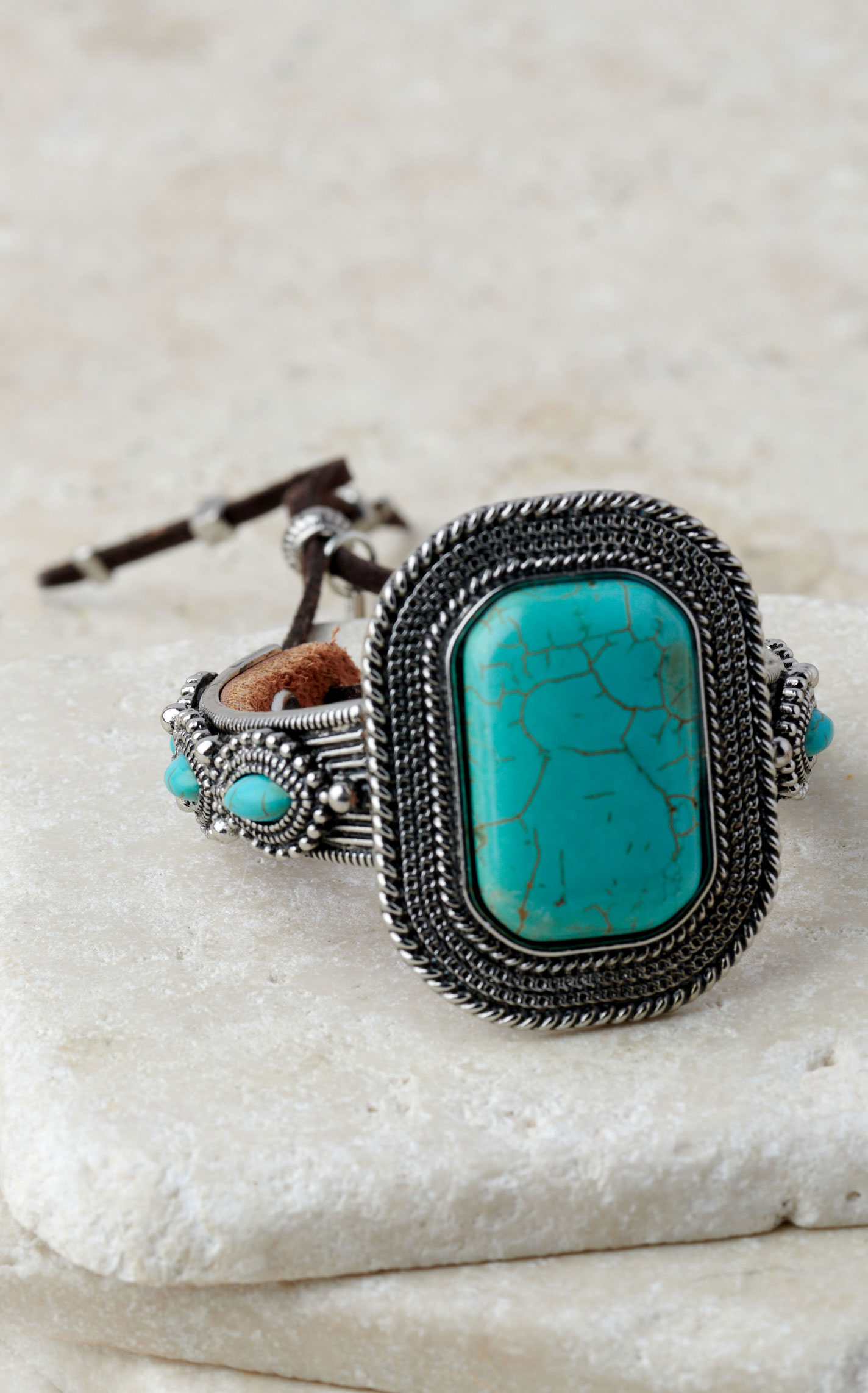 Cowgirl Confetti Silver on Leather Cuff with Large Turquoise Stone Bracelet - Image 1