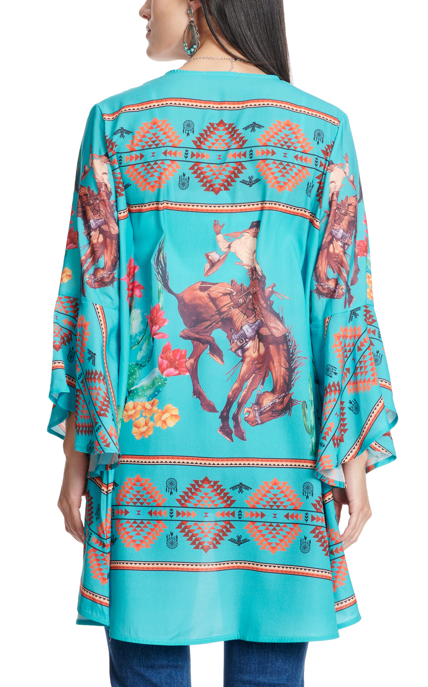 Fashion Express Women's Turquoise Retro Bronc & Rider Aztec Sunset Kimono - Image 1