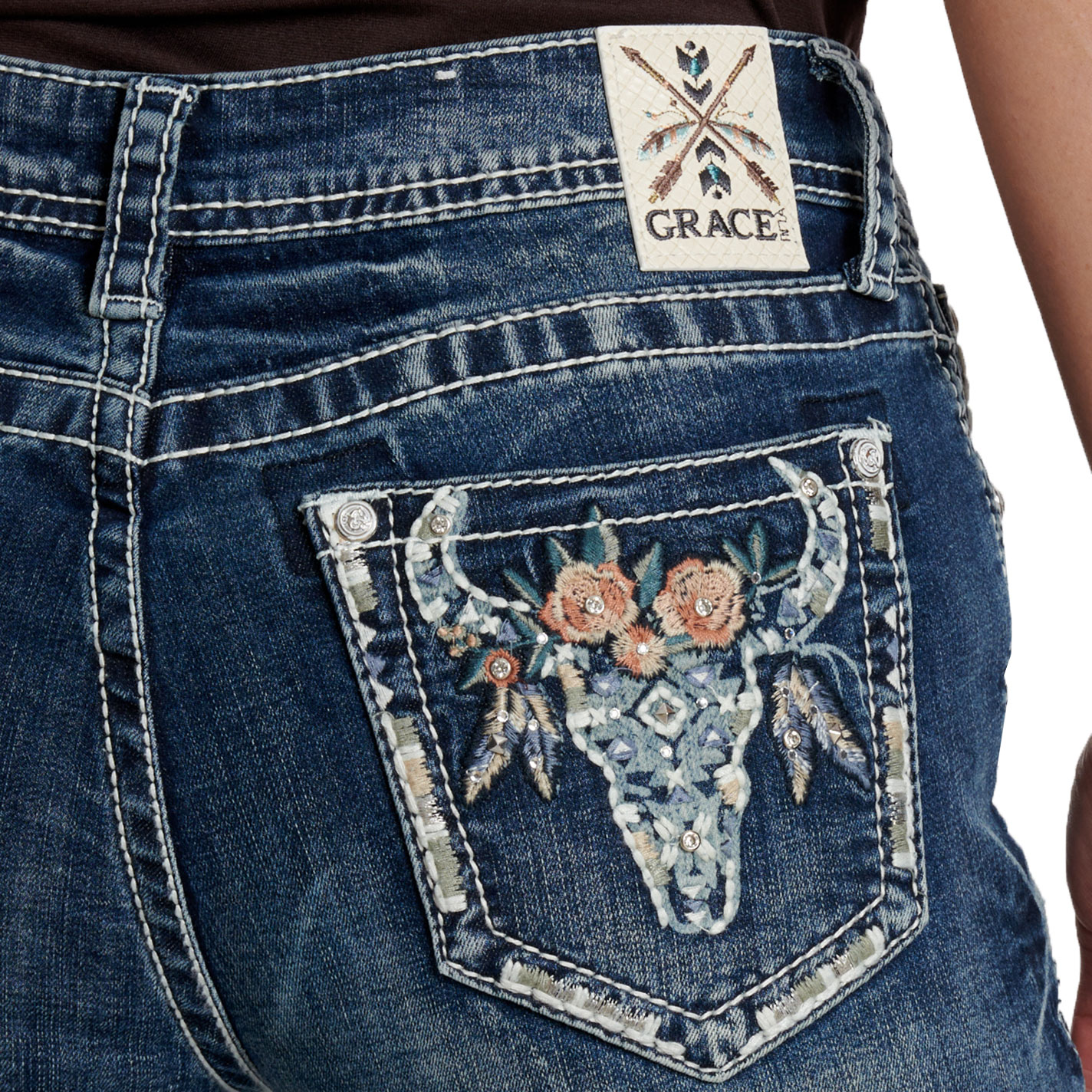 Grace In LA Women's Medium Wash Aztec Floral Skull Jeans - Image 1