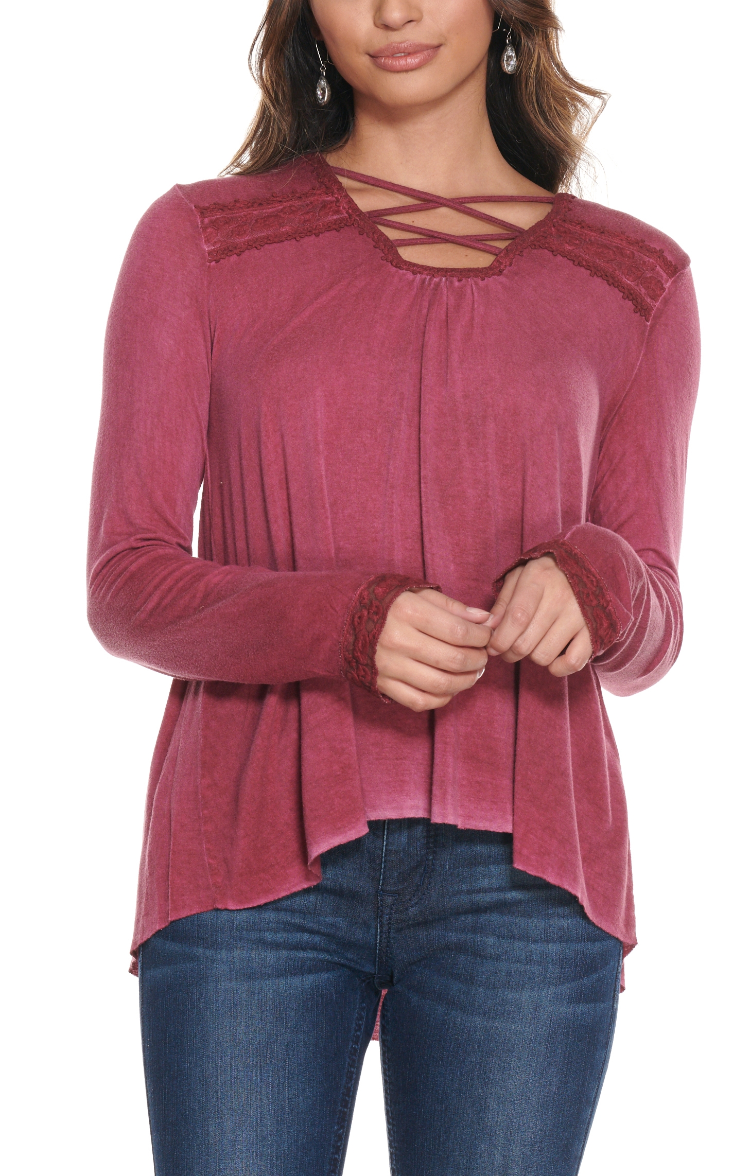 Cowgirl Hardware Women's Burgundy Criss Cross Neck Long Sleeve Top - Image 1