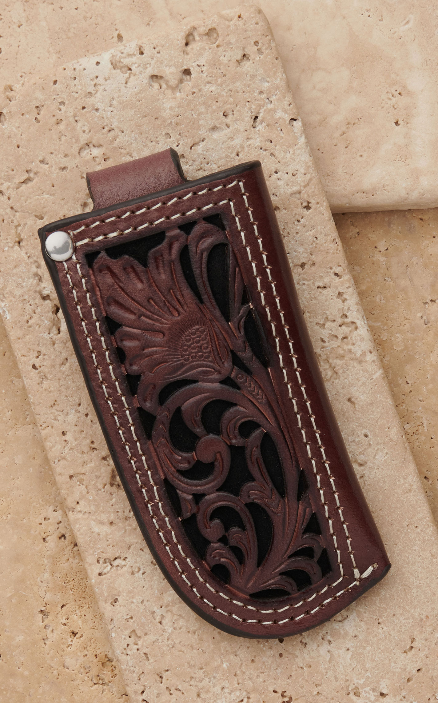 Nocona Brown Floral Tooled Leather and Black Inlay Knife Sheath - Image 1