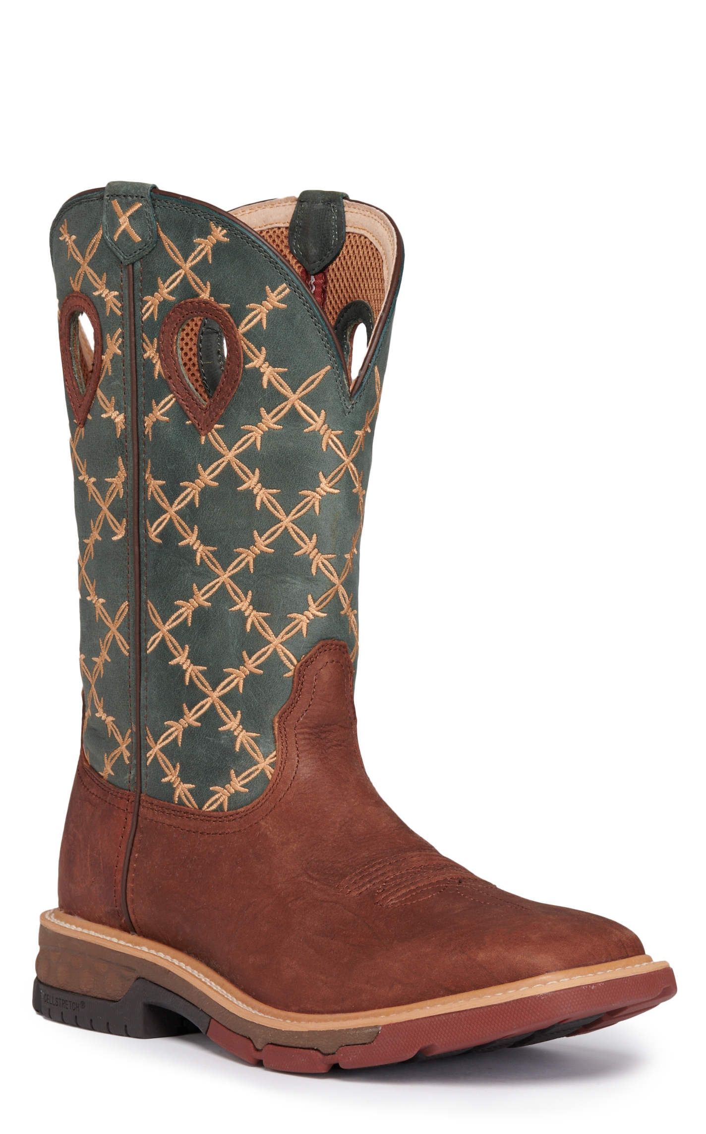 Twisted X Men's Mocha and Slate Green Barbwire Embroidery CellStretch Wide Square Toe Work Boots - Image 1