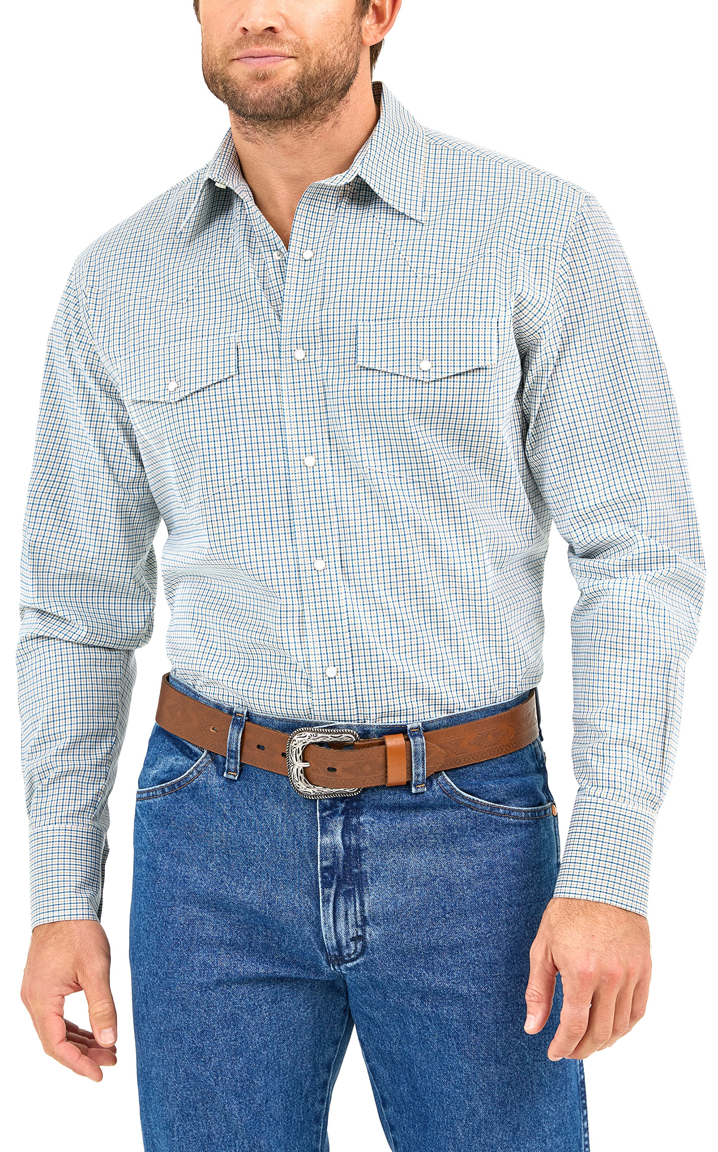 Wrangler Men's Blue & Latte Mini Plaid Print Western Shirt - Image 1