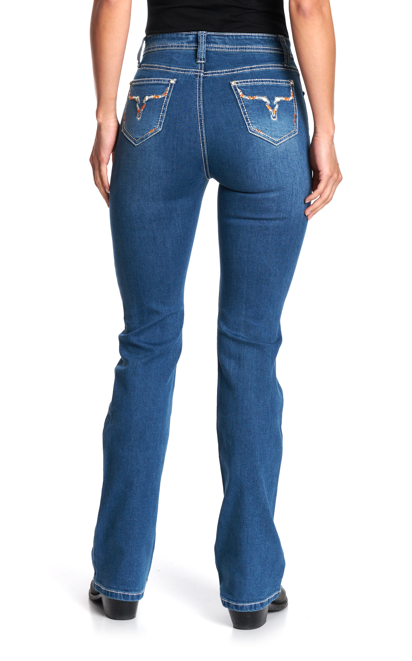 Cowgirl Hardware Women’s Medium Wash Aztec Steer Pocket Jeans - Image 1