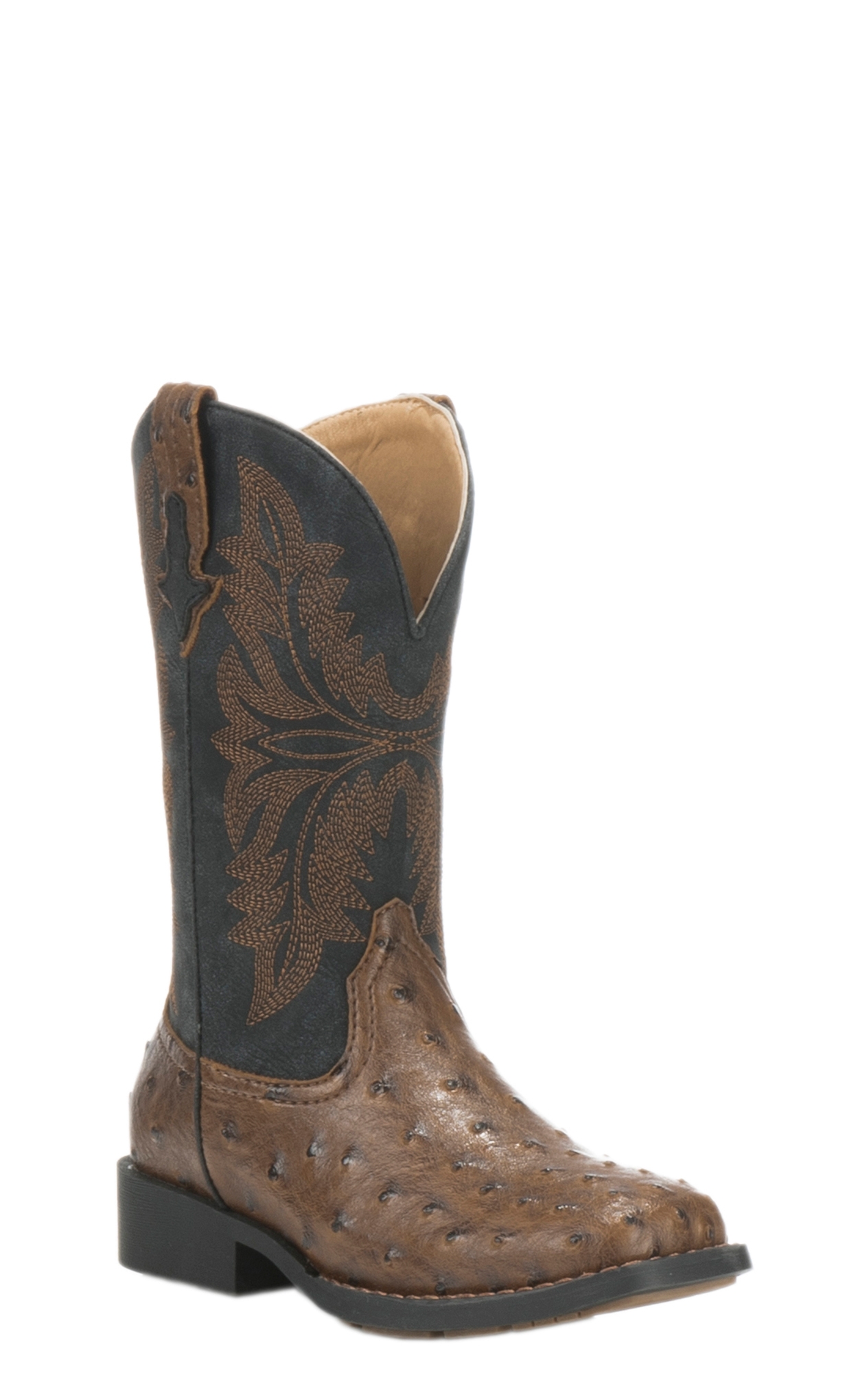 Roper Youth Black with Brown Ostrich Print Square Toe Cowboy Boots - Image 1