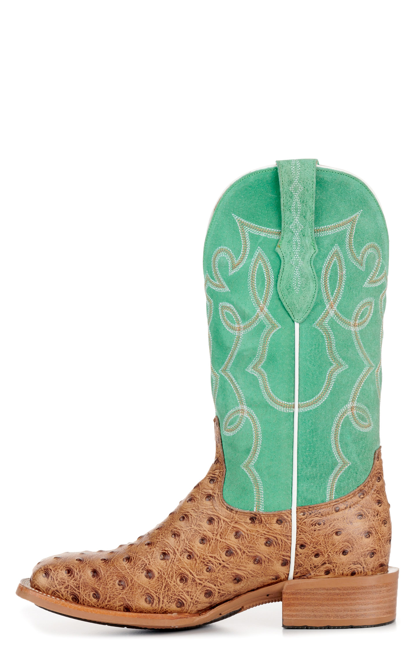 Cavender’s Women’s Intrepid Saddle Tan Ostrich Print and Green Wide Square Toe Cowboy Boots  - Image 1