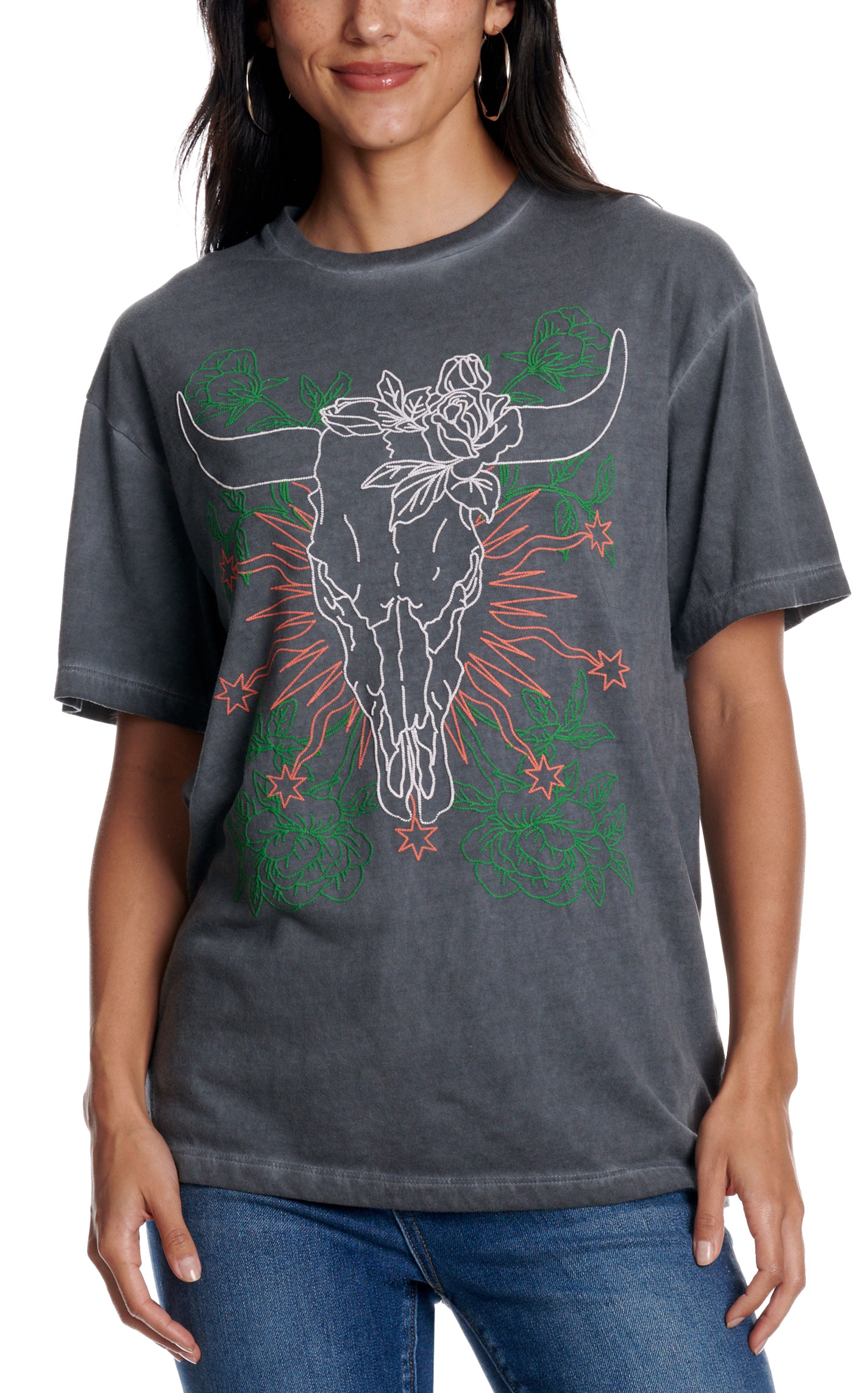 Zutter Women's Washed Charcoal Sketch Skull Graphic T-Shirt - Image 1