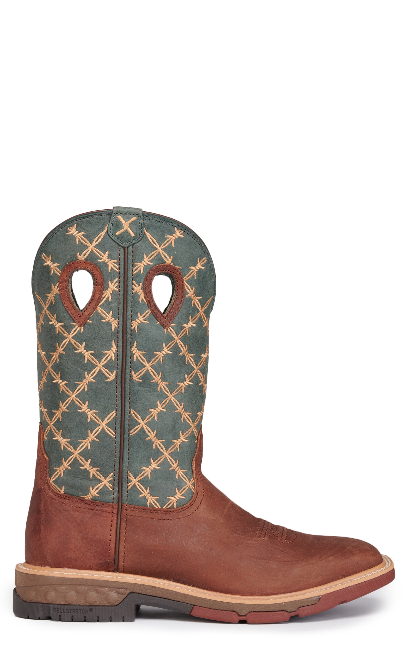 Twisted X Men's Mocha and Slate Green Barbwire Embroidery CellStretch Wide Square Toe Work Boots - Image 1