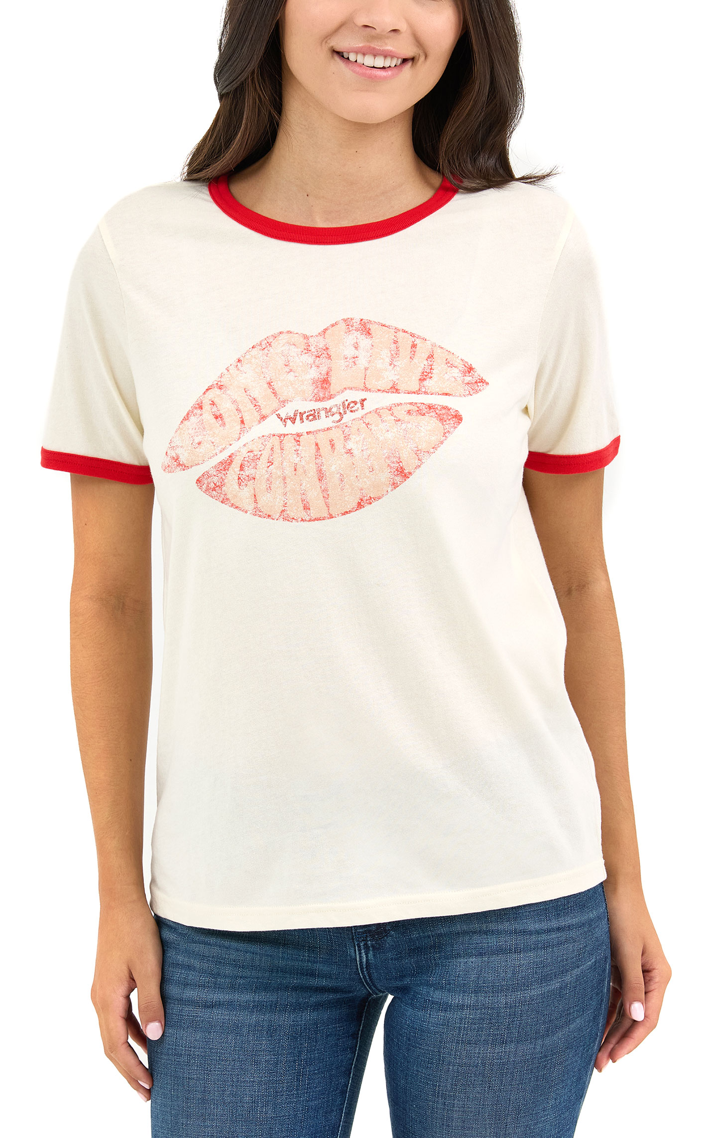 Wrangler Retro Women's White & Red Kiss Print Graphic T-Shirt - Image 1